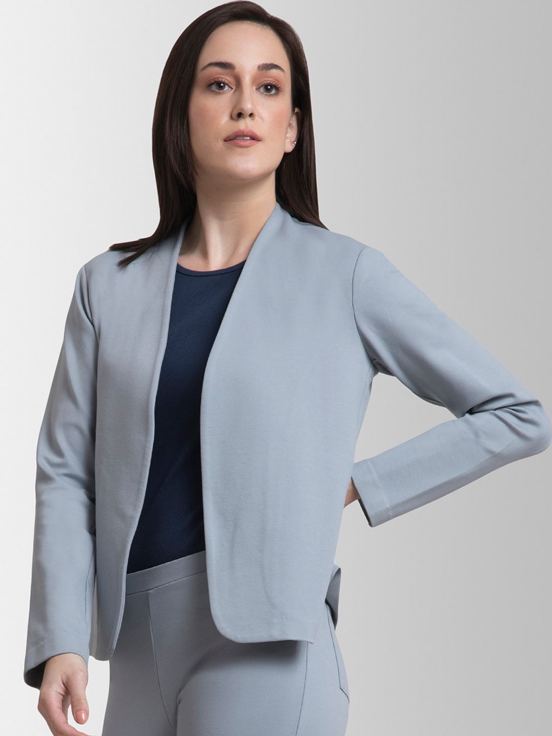 FableStreet Women Grey Solid Open Front Blazer Price in India