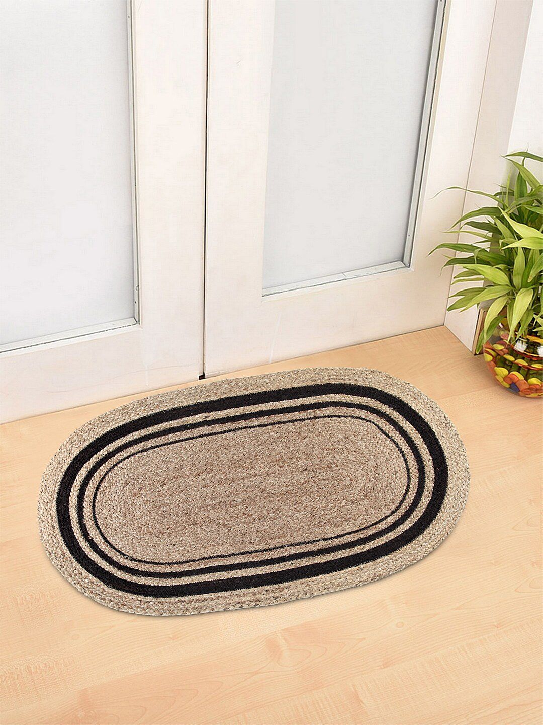 BLANC9 Black & Brown Striped Cotton Hand Braided Floor Mat Price in India