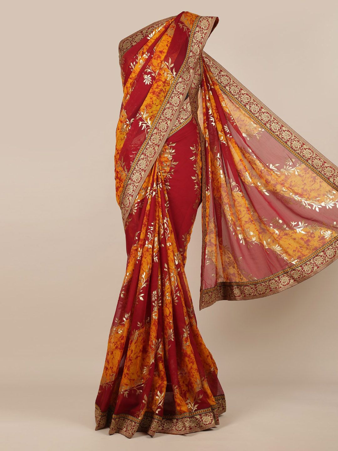 Pothys Maroon & Yellow Poly Chiffon Printed Saree