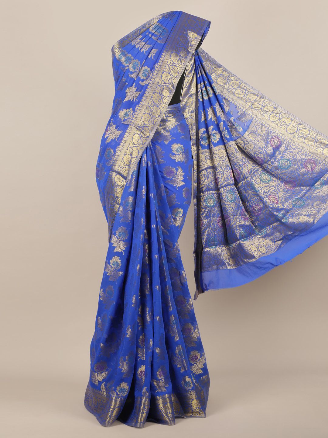 Pothys Blue & Gold-Toned Poly Georgette Woven Design Saree