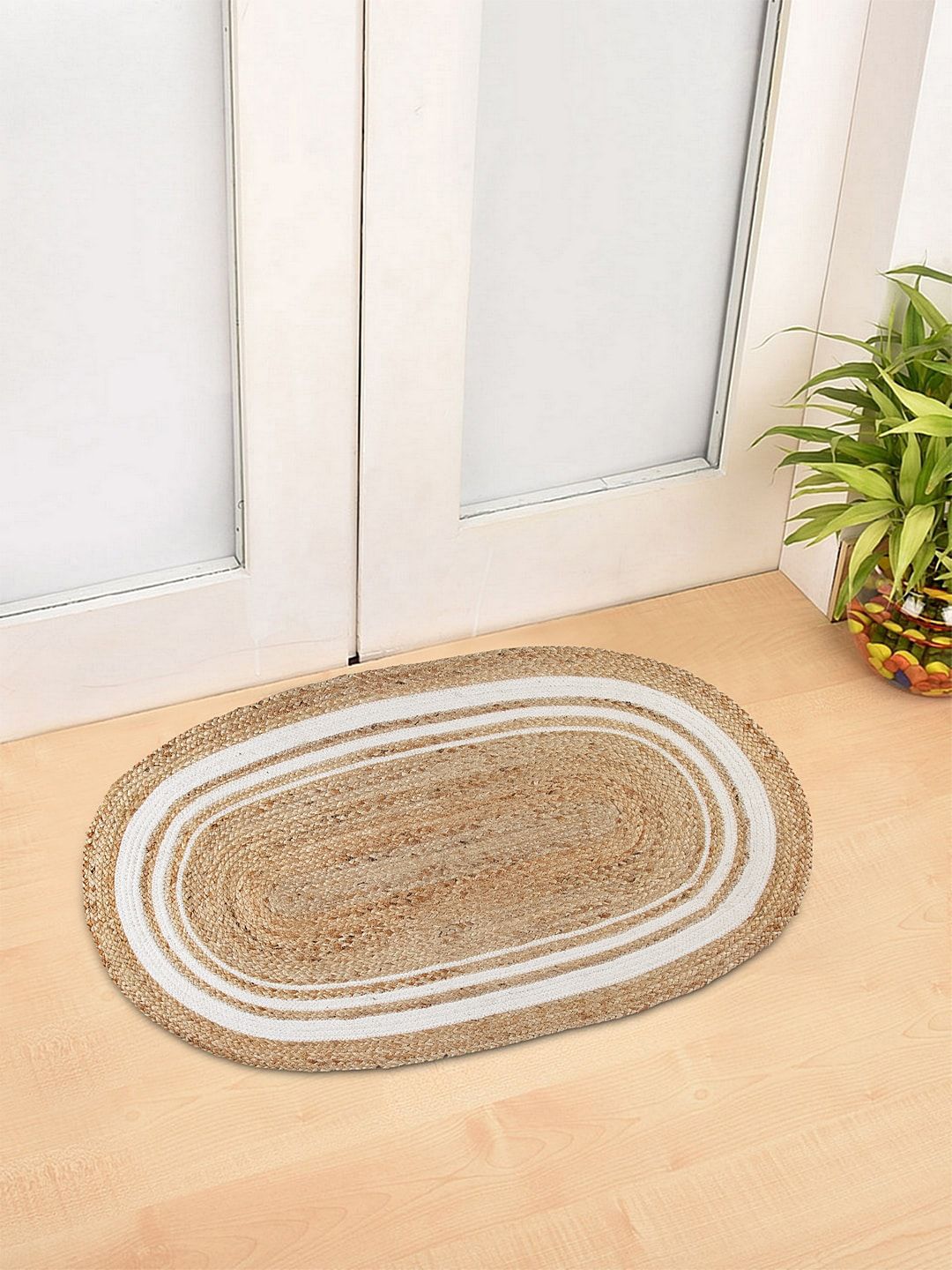 BLANC9 White & Brown Striped Cotton Hand Braided Floor Mat Price in India