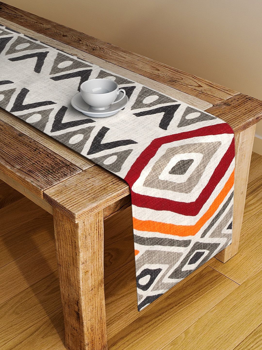 BLANC9 White & Grey Printed Cotton Table Runner Price in India