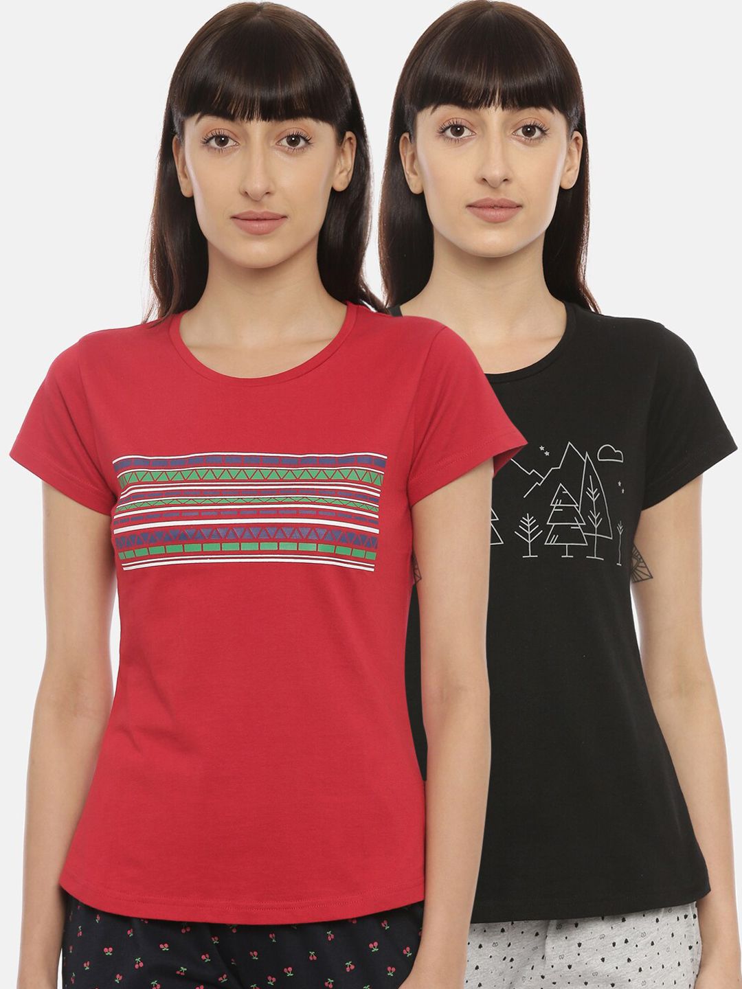 Curare Women Pack Of 2 Printed Lounge T-Shirts Price in India