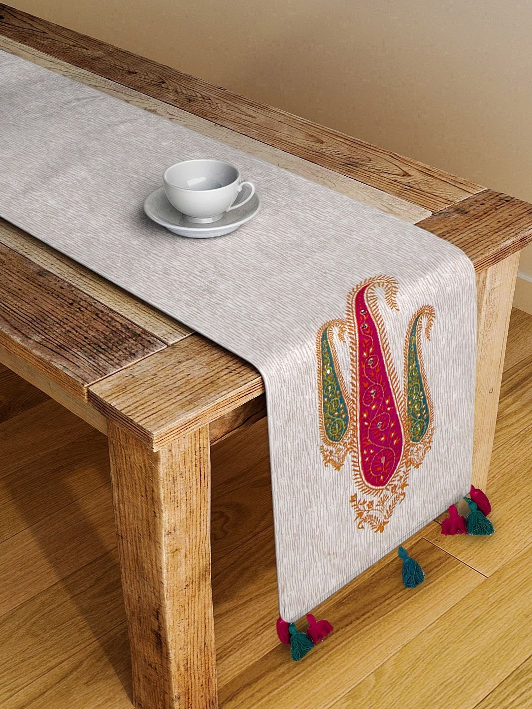 BLANC9 Off-White & Pink Ethnic Foil Printed Embellished Cotton Table Runner