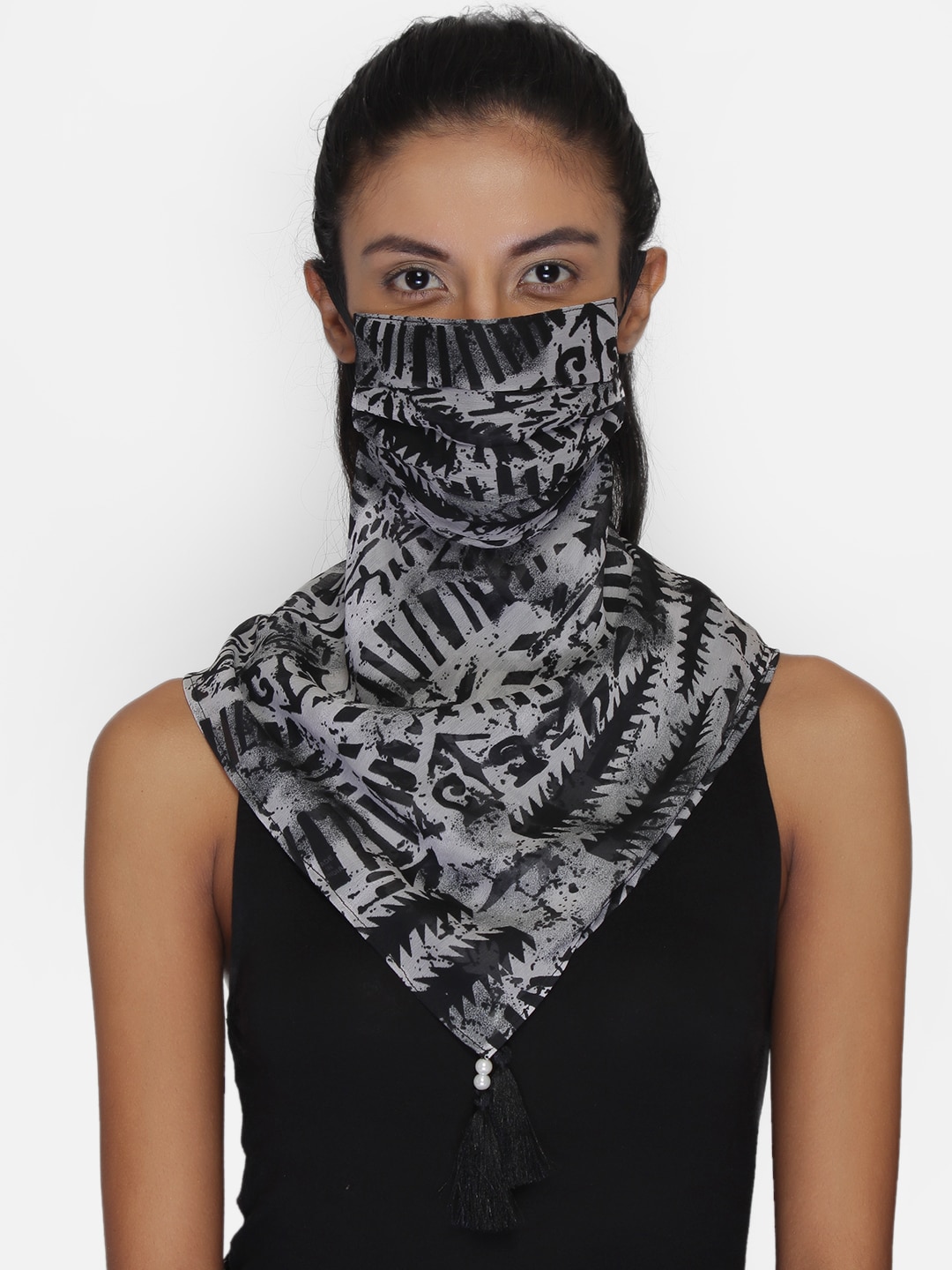Anekaant Women Black & Grey Printed 3-Ply Reusable Scarf-Style Mask Price in India