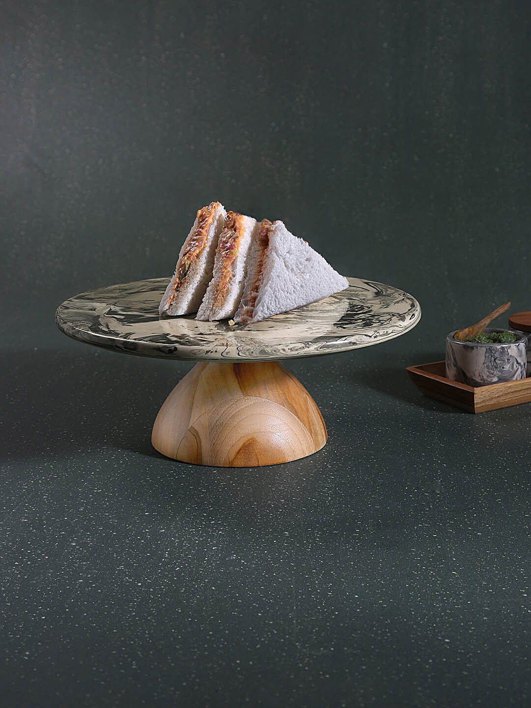 ellementry Black & Brown Marble Textured Carbon Ceramic & Wooden Cake Stand Price in India