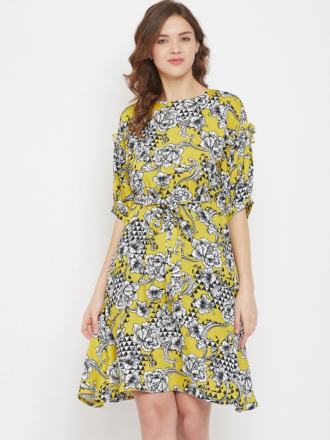 The Kaftan Company Women Yellow Printed Fit and Flare Dress Price in India