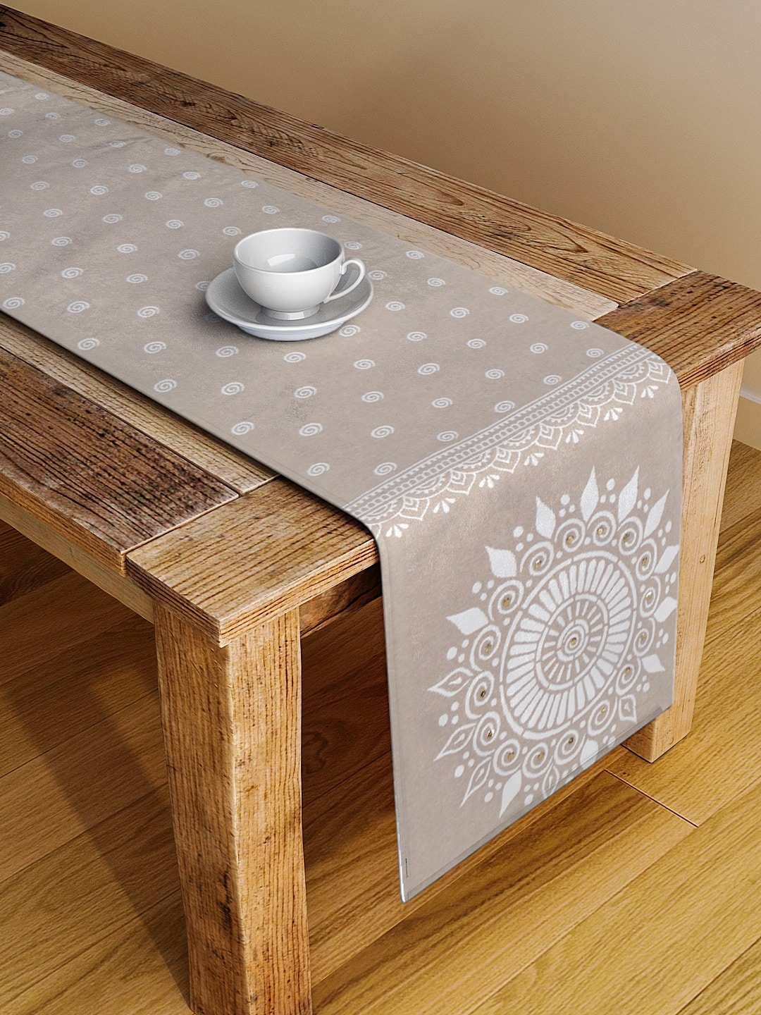 BLANC9 Beige & White Ethnic Printed Embellished Cotton Table Runner Price in India