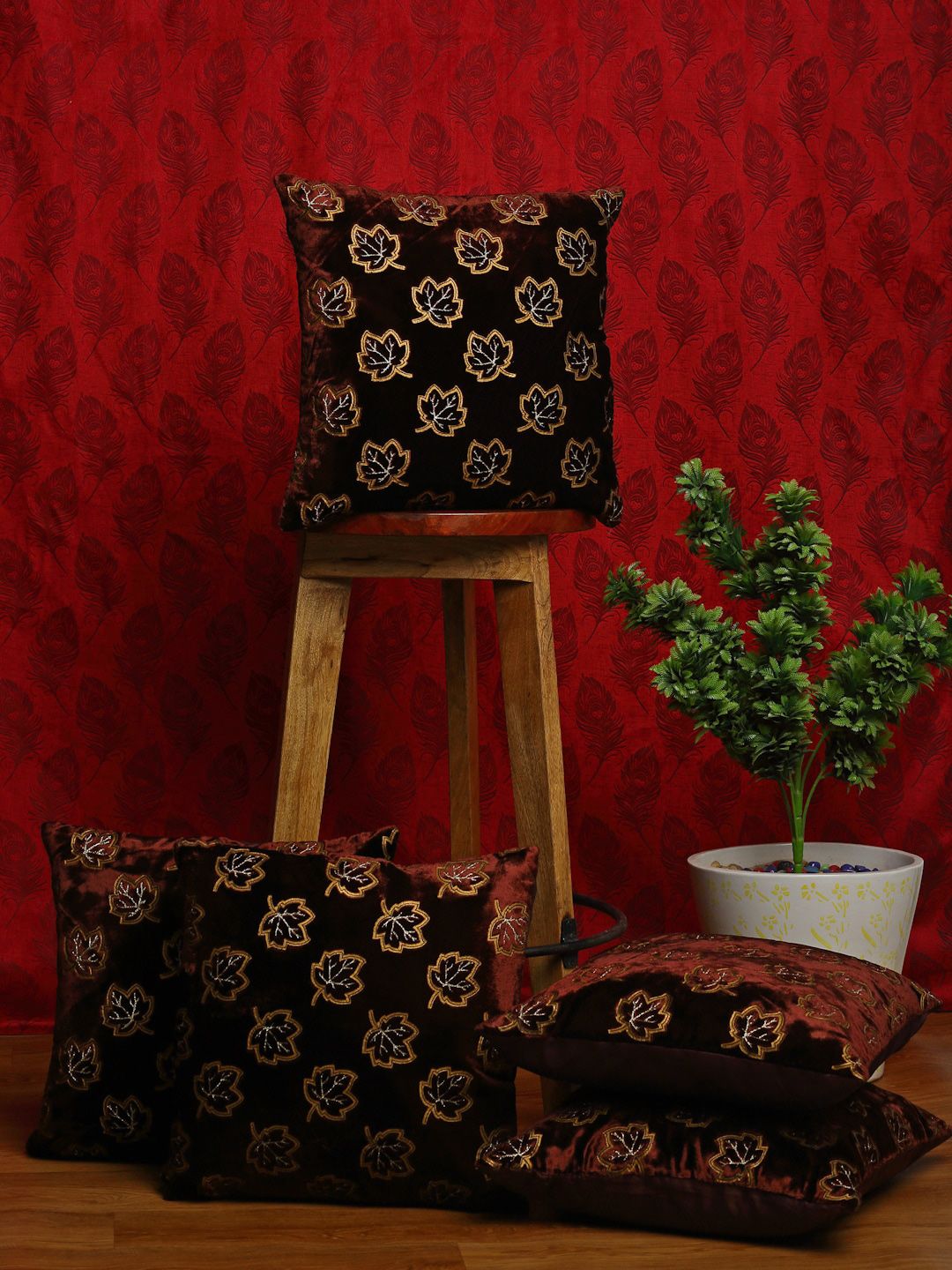 HOSTA HOMES Brown & Gold-Toned Set of 5 Embellished Square Cushion Covers Price in India