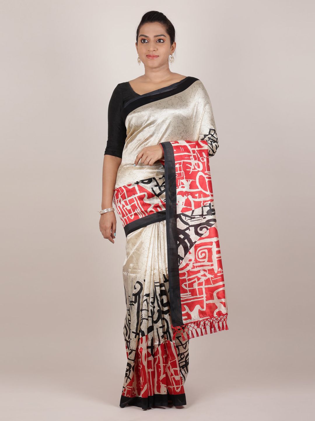 Pothys Cream-Coloured & Red Jute Silk Printed Saree