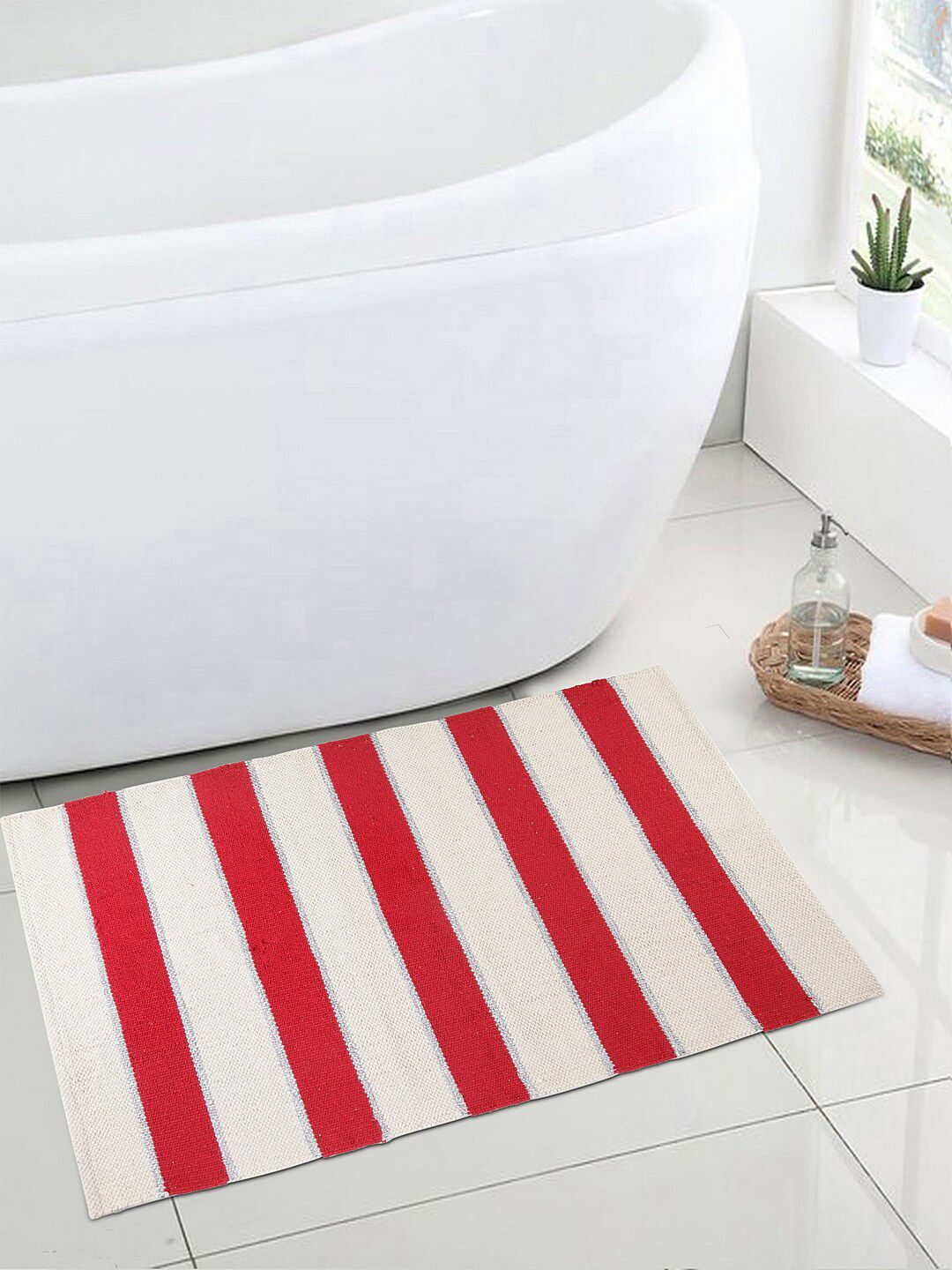 BLANC9 Red & Off-White Striped Cotton Floor Mat Price in India