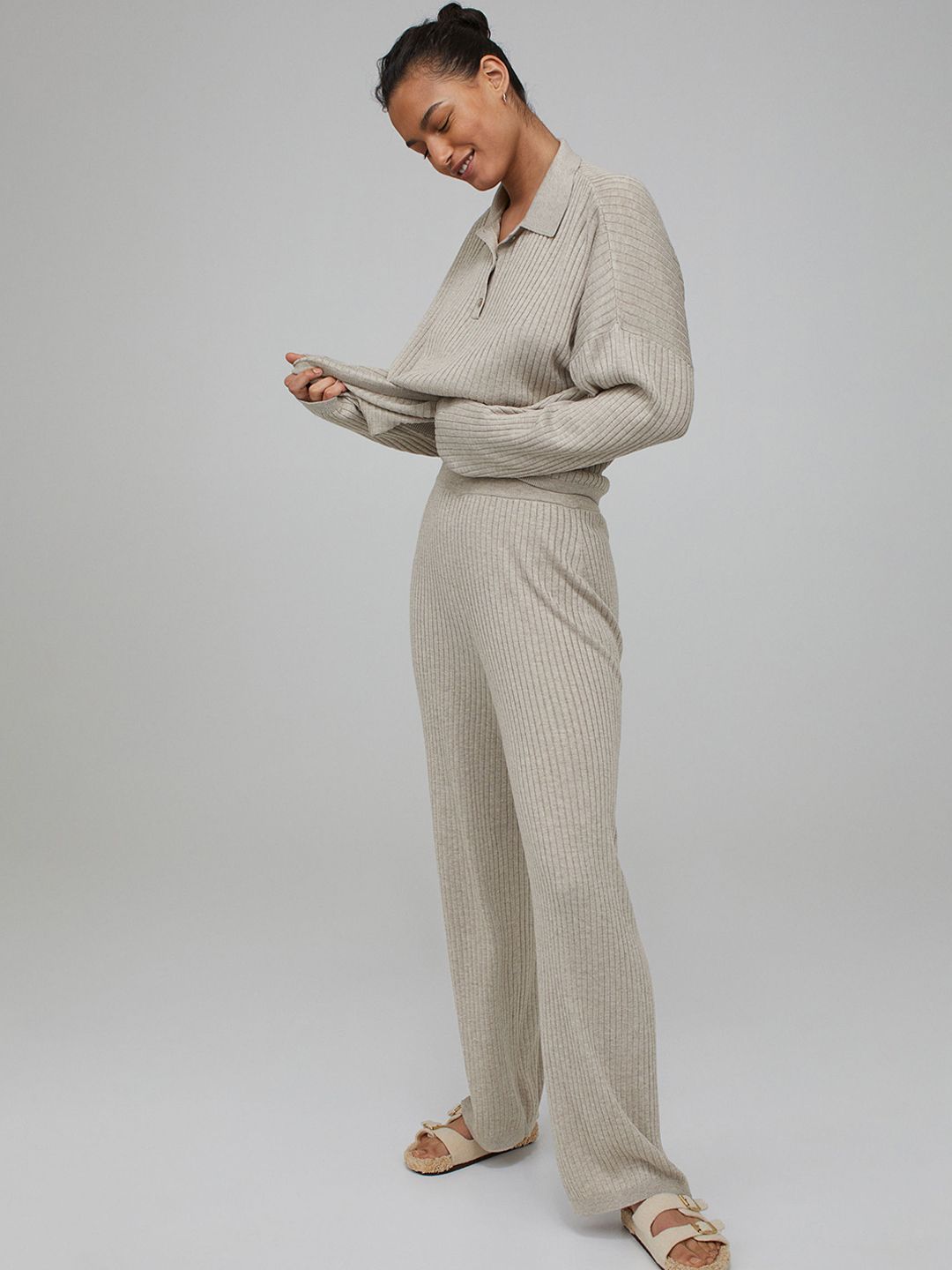 H&M Women Beige Rib-Knit Sustainable Trousers