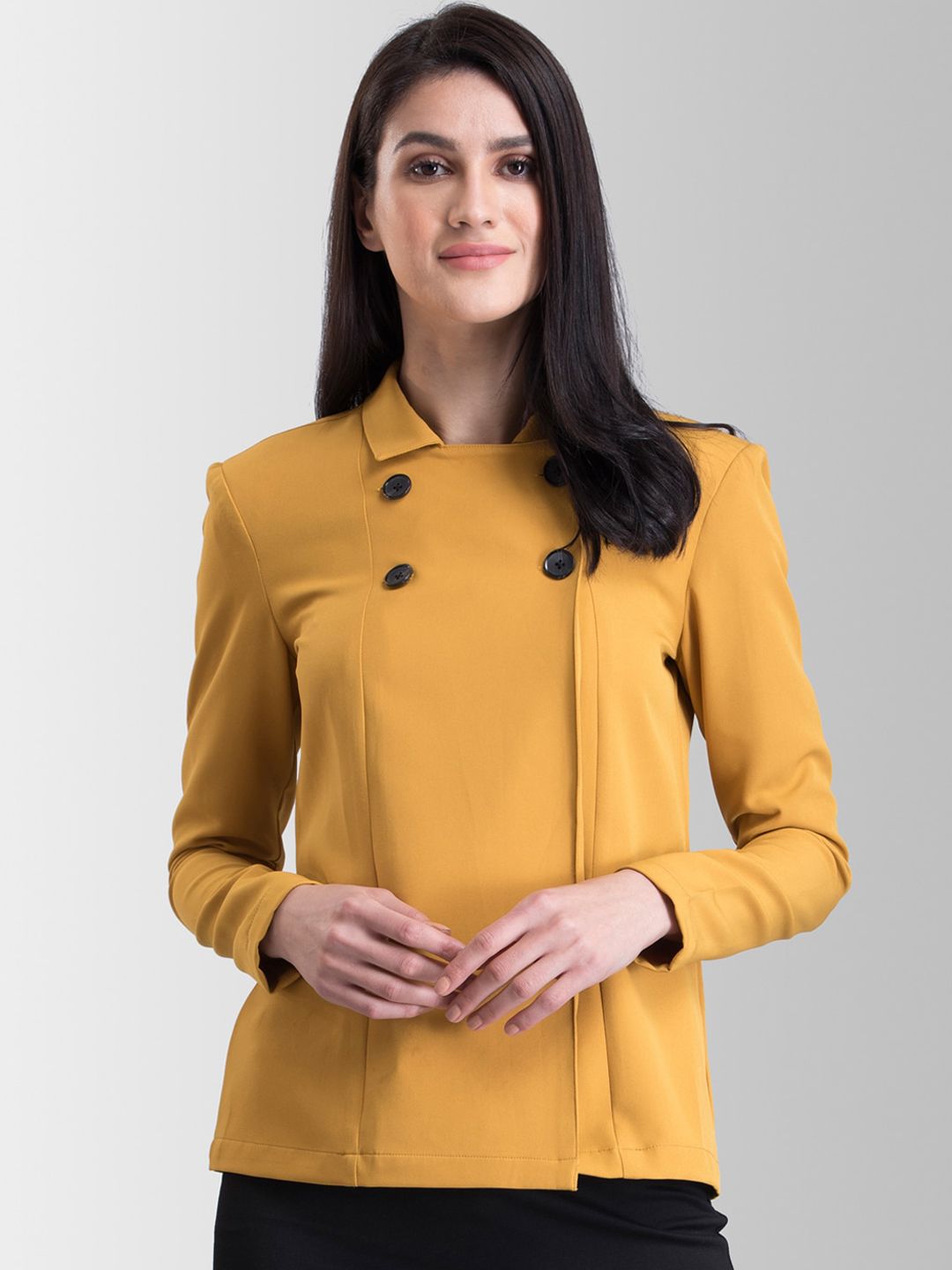 FableStreet Women Mustard Yellow Solid Tailored Jacket Price in India