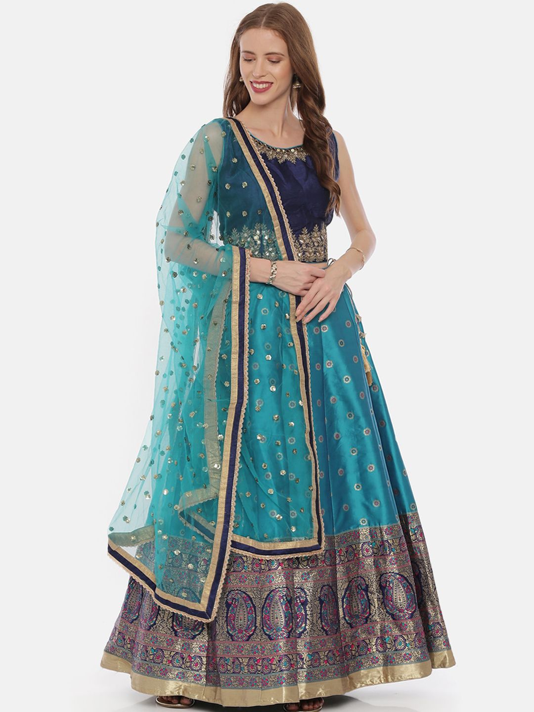 Neerus Navy Blue & Gold-Toned Embellished Ready to Wear Lehenga & Blouse with Dupatta