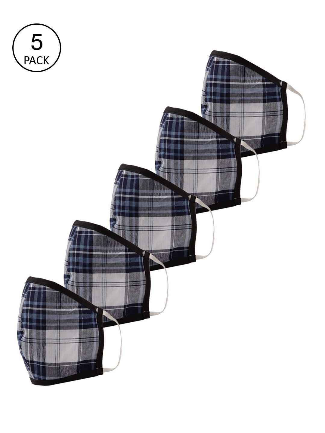 LEMON SOUK Unisex Pack Of 5 Blue & White Checked 2-Ply Reusable Cloth Masks Price in India