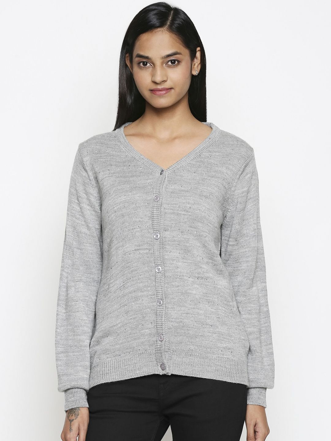 RANGMANCH BY PANTALOONS Women Grey Solid Cardigan Sweater Price in India