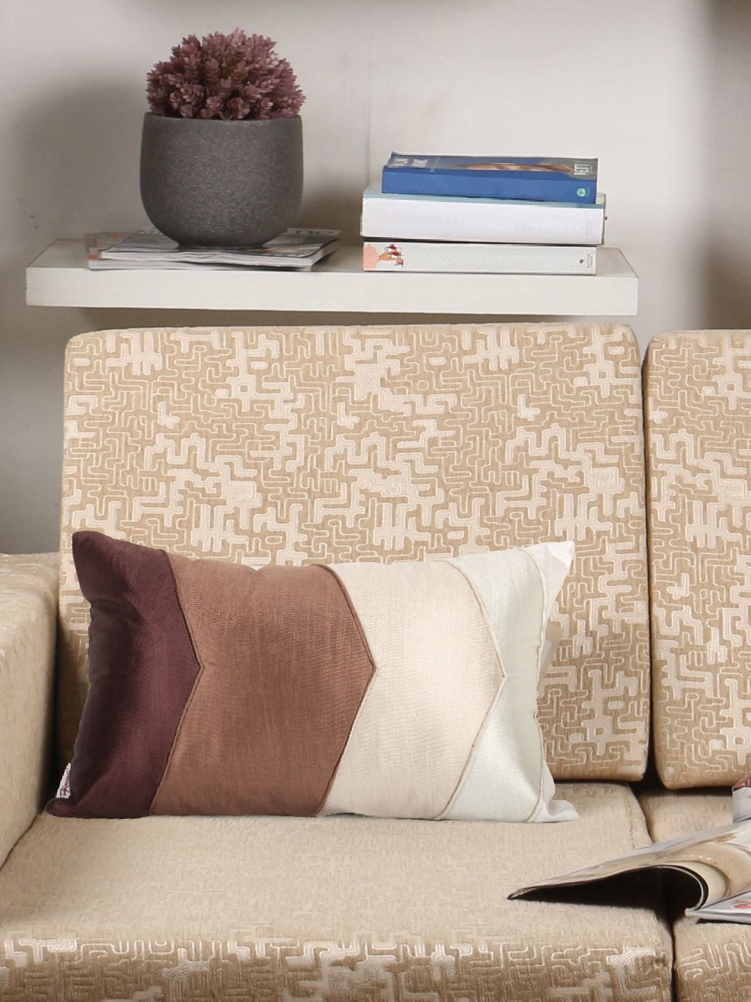 Home Brown & Cream-Coloured Single Colourblocked Rectangle Cushion Cover Price in India