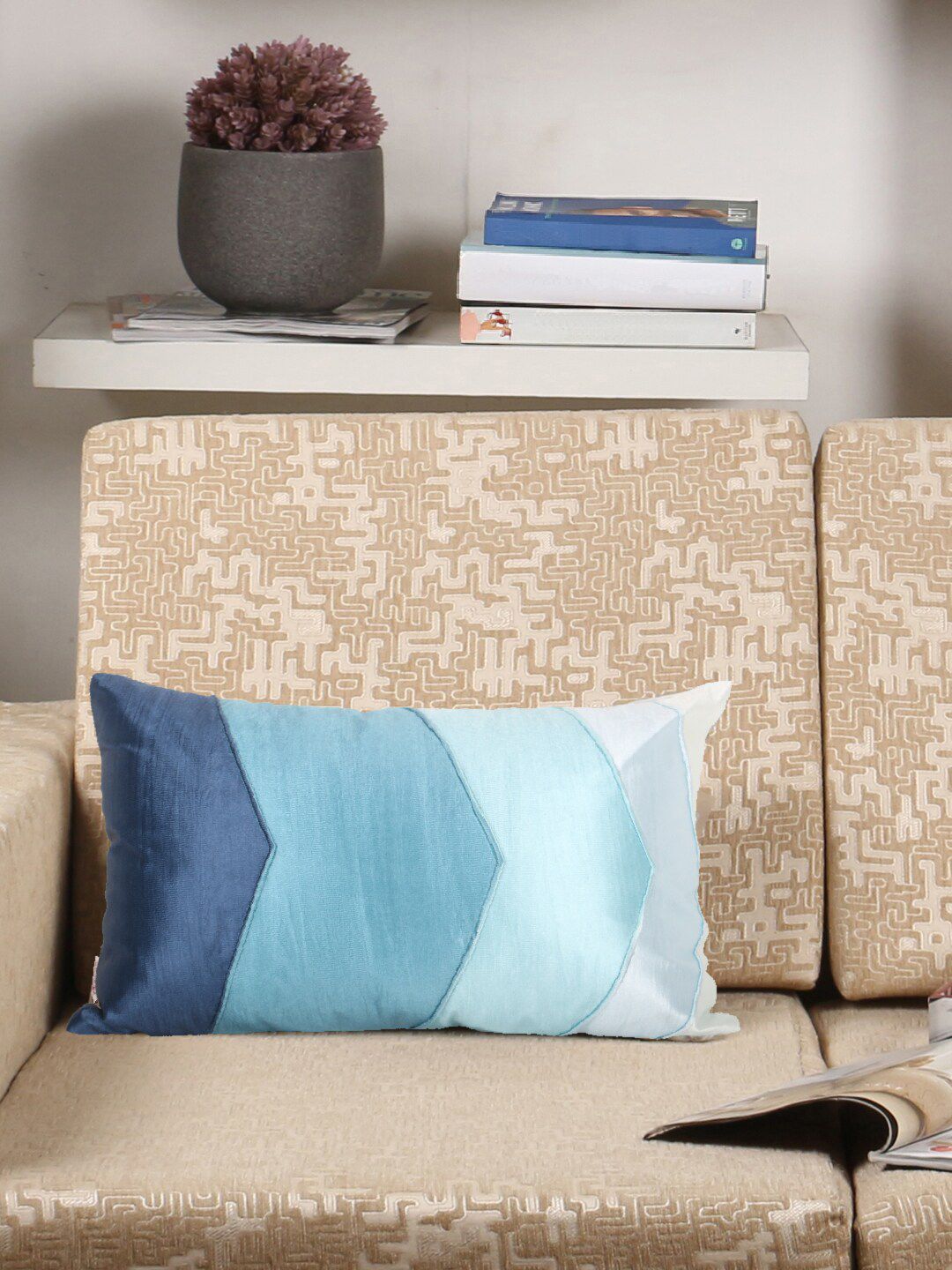 Home Blue & White Single Colourblocked Rectangle Cushion Cover Price in India