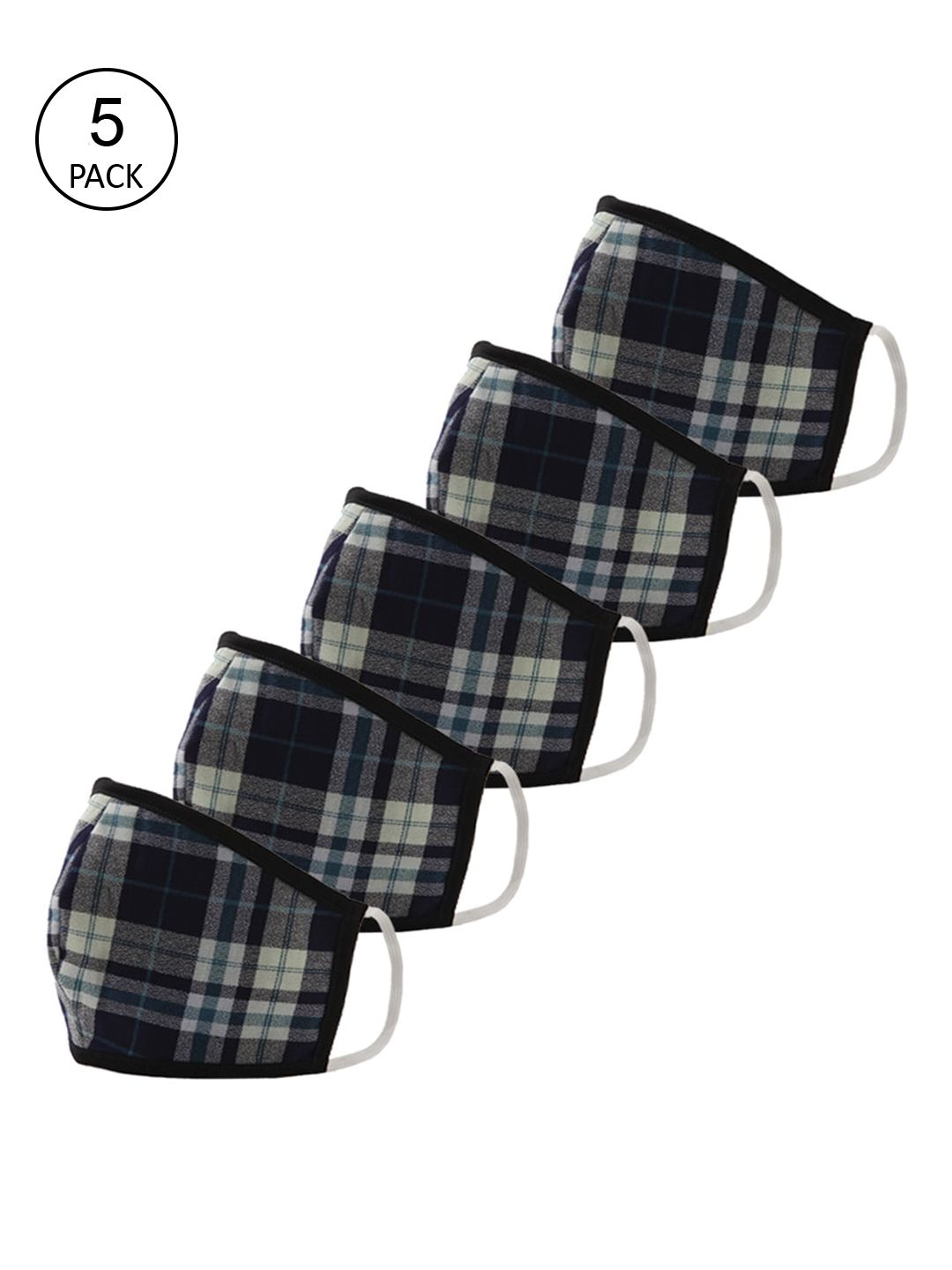 LEMON SOUK Pack Of 5 Blue & White Checked 2-Ply Reusable Cloth Masks Price in India