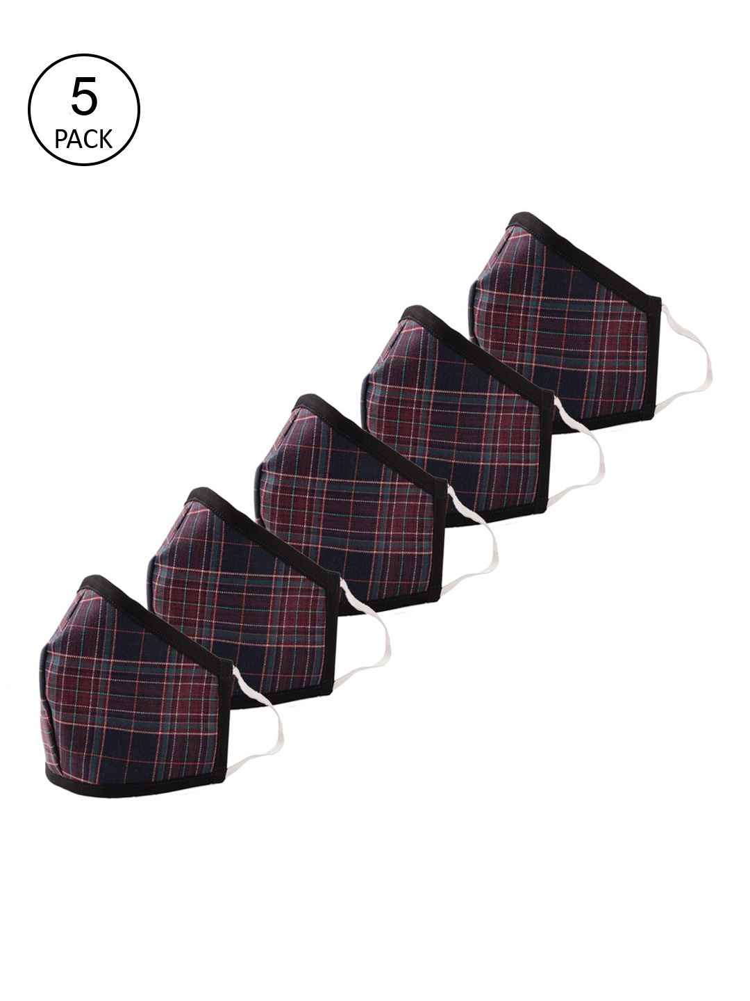 LEMON SOUK Pack Of 5 Maroon & Blue Checked 2-Ply Reusable Cloth Masks Price in India