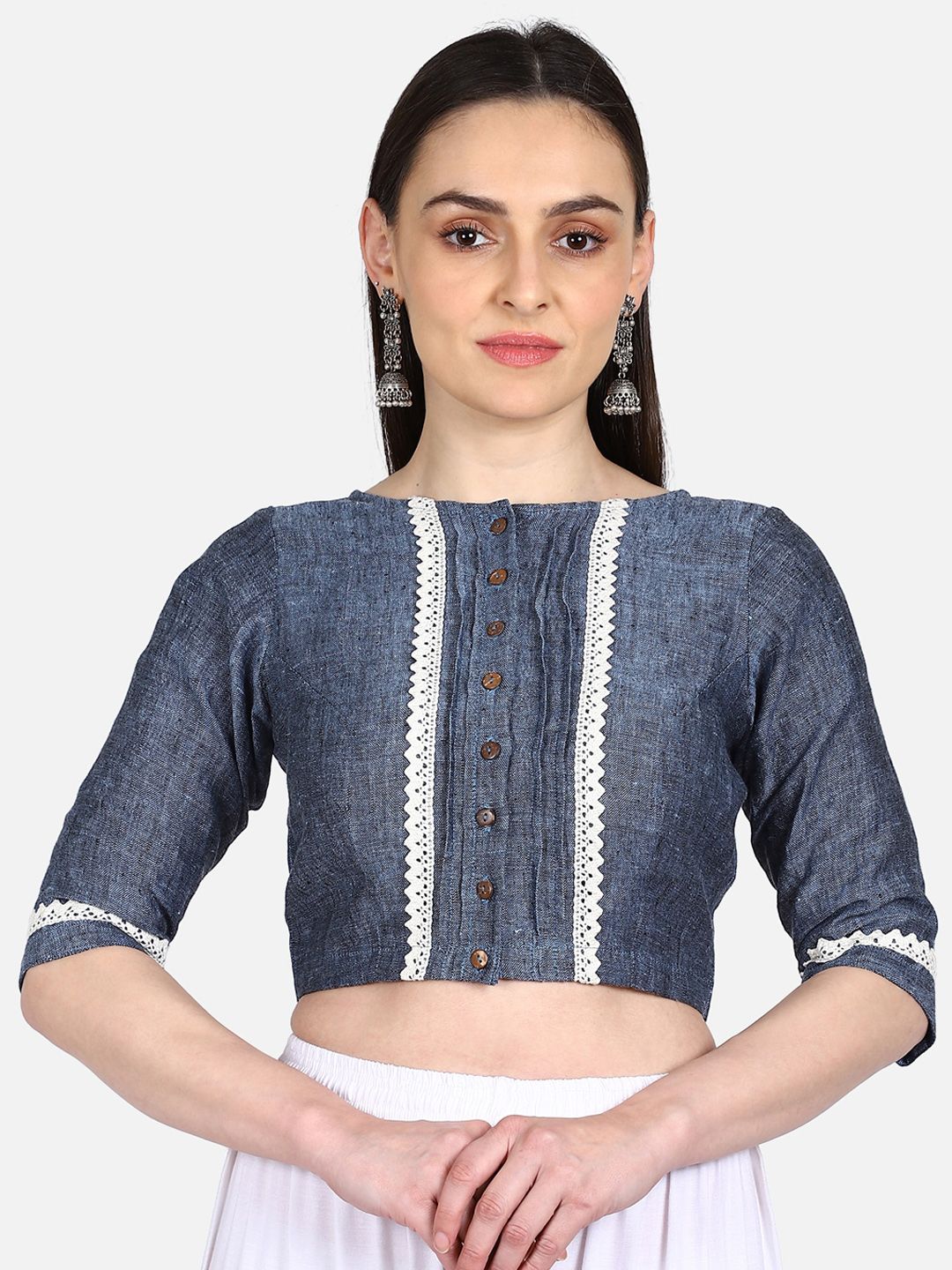 THE WEAVE TRAVELLER Women Blue & White Solid Linen Saree Blouse Price in India