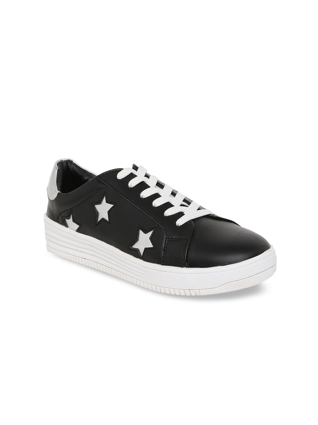 People Women Black Printed Leather Sneakers Price in India