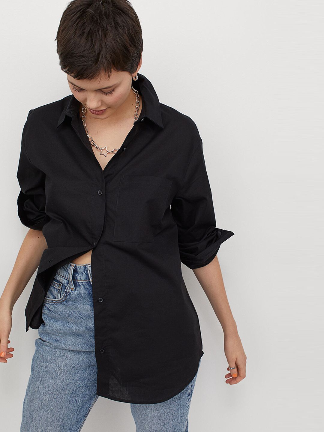 H&M Women Black Solid Oversized cotton shirt