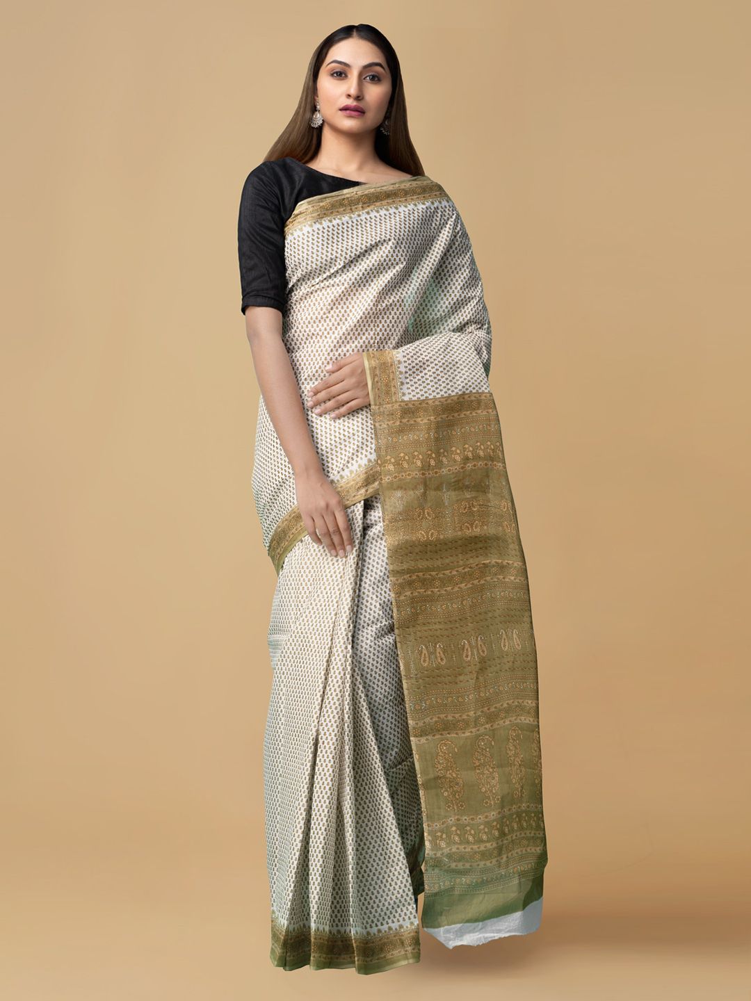 Unnati Silks Cream-Coloured Pure Cotton Printed Kovai Saree