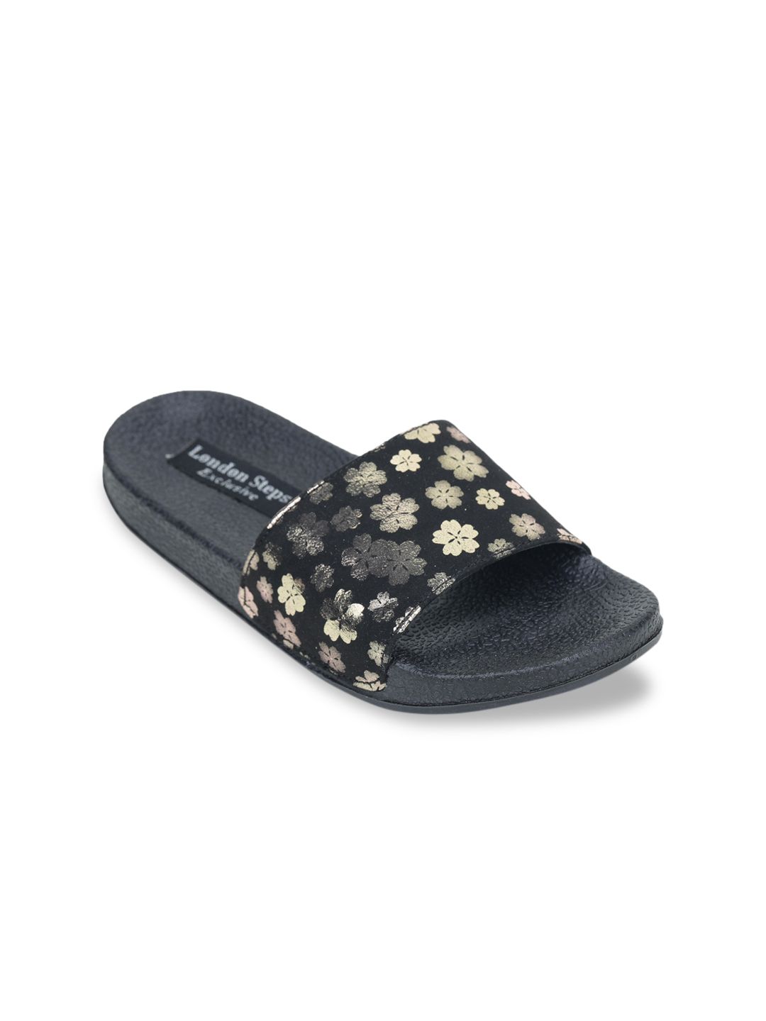 LONDON STEPS Women Black & Gold-Toned Printed Sliders Price in India