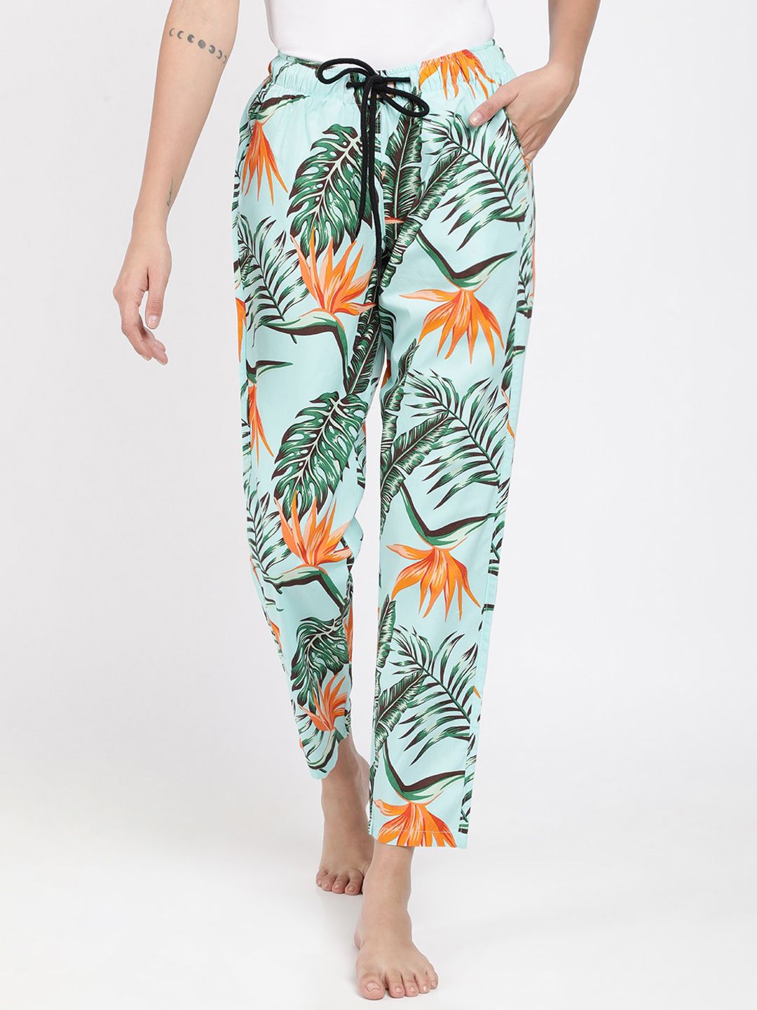 Bene Kleed Women Green & Orange Printed Anti Bacterial Cotton Lounge Pants Price in India