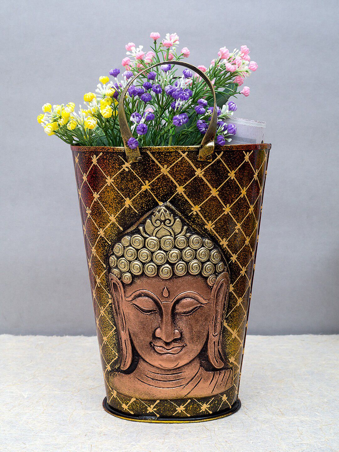 Golden Peacock Copper-Toned & Gold-Toned Buddha Handcrafted Bucket-Shaped Wrought Iron Magazine Organizer Price in India