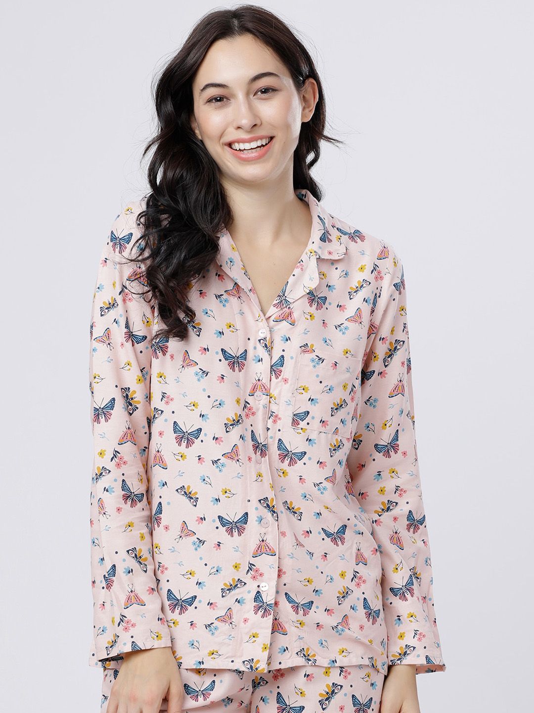 Tokyo Talkies Women Peach-Coloured Regular Fit Printed Sleep Shirt Price in India