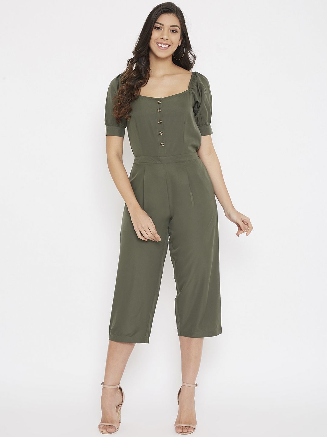 Color Cocktail Women Olive Green Solid Capri Jumpsuit Price in India