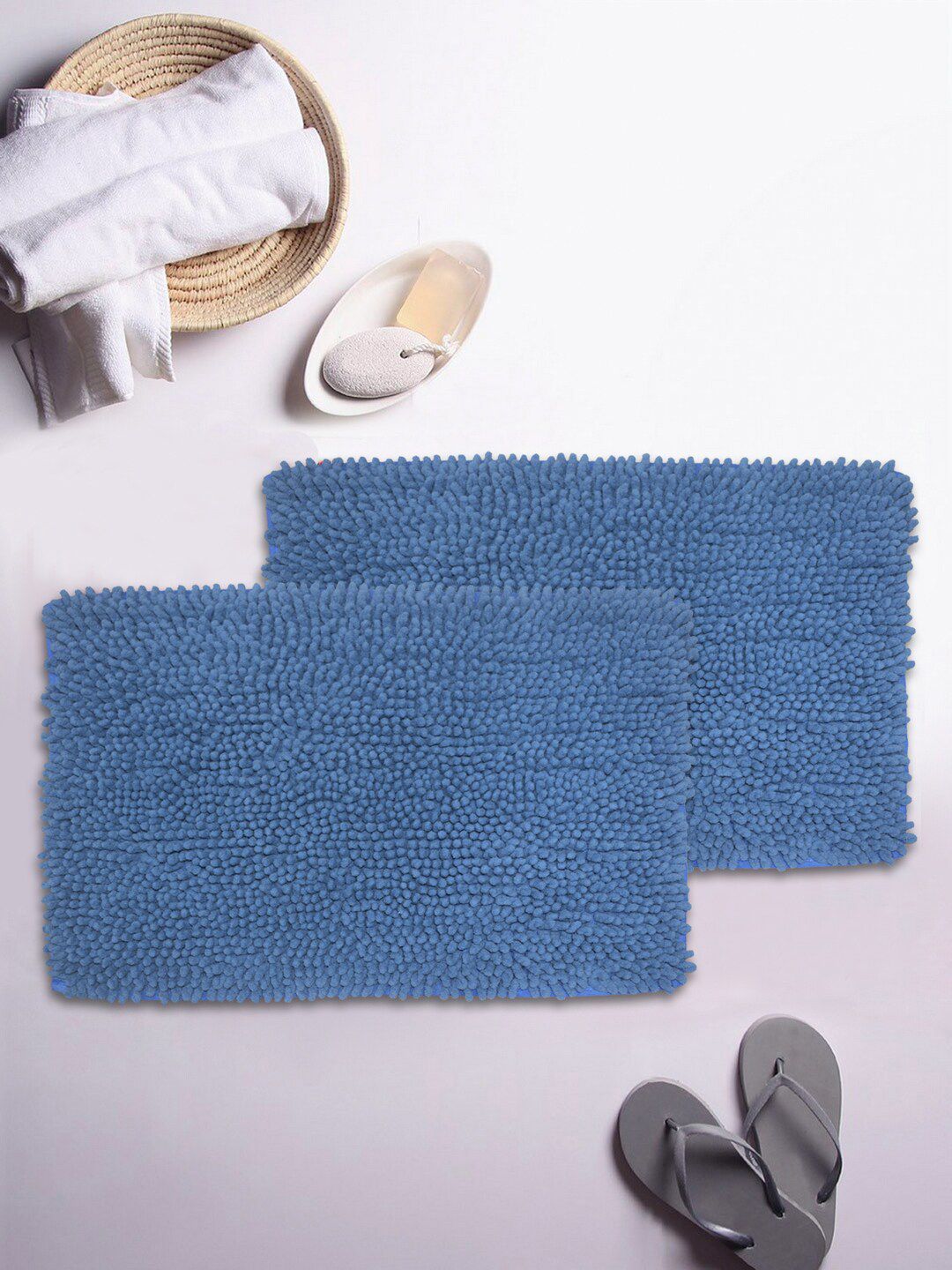 BIANCA Set of 2 Blue Solid Anti-Skid Bath Rugs