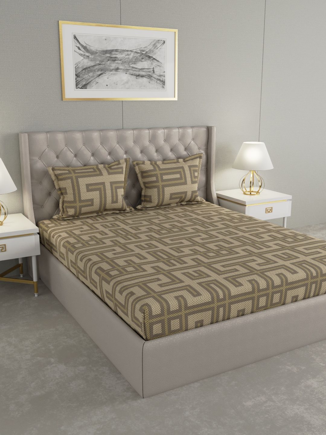 Raymond Home Beige & Brown Geometric 120 TC Cotton 1 Queen Bedsheet with 2 Pillow Covers Price in India