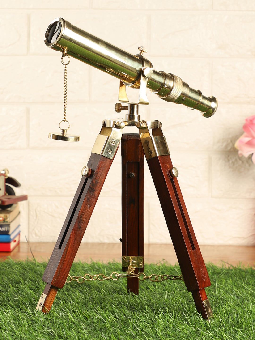EXIM DECOR Gold-Toned & Brown Brass Telescope With Wooden Tripod Stand Price in India