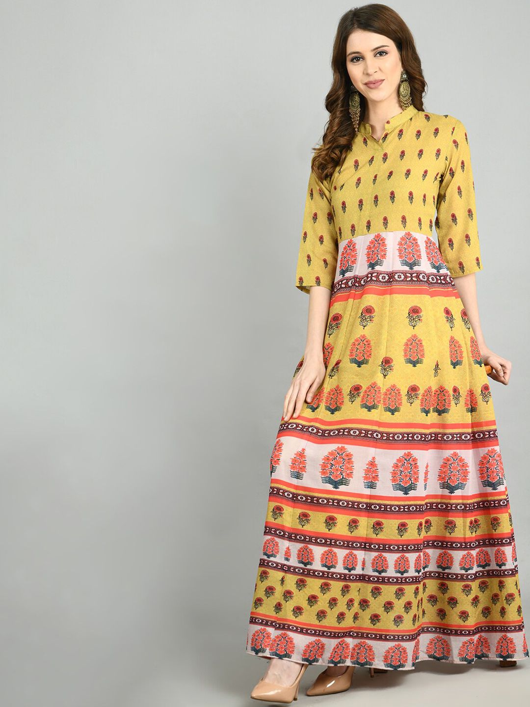 Myshka Women Yellow Printed Maxi Dress Price in India