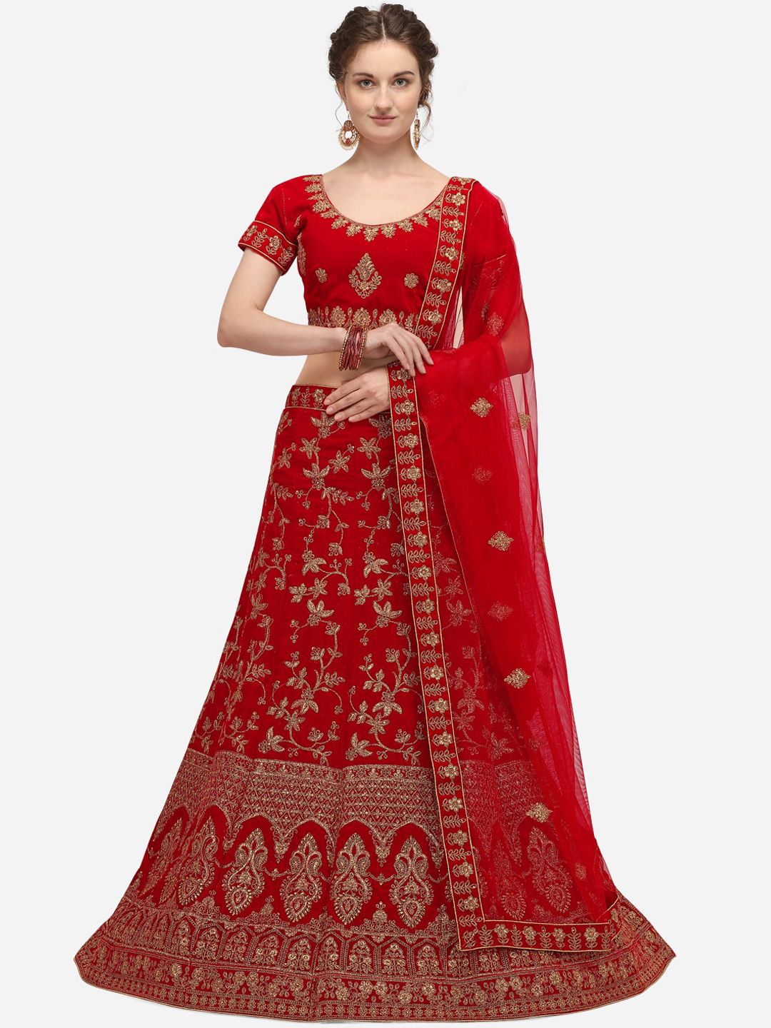 Netram Red & Gold-Toned Embroidered Semi-Stitched Lehenga & Blouse with Dupatta Price in India