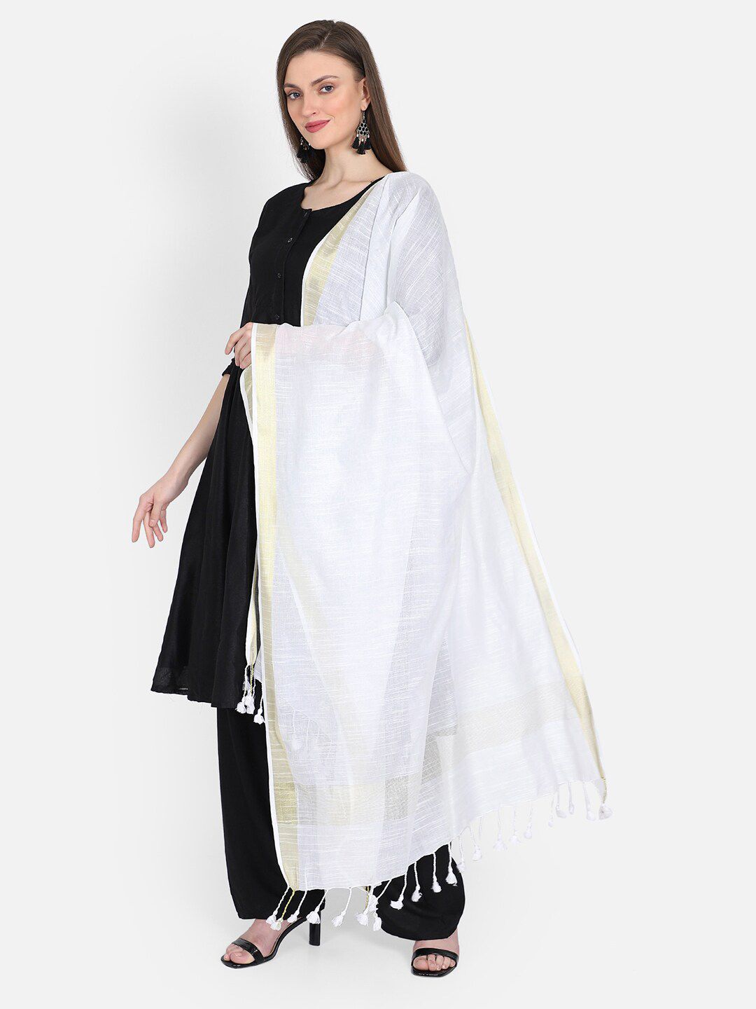 THE WEAVE TRAVELLER White & Gold-Toned Woven Design Cotton Blend Dupatta Price in India