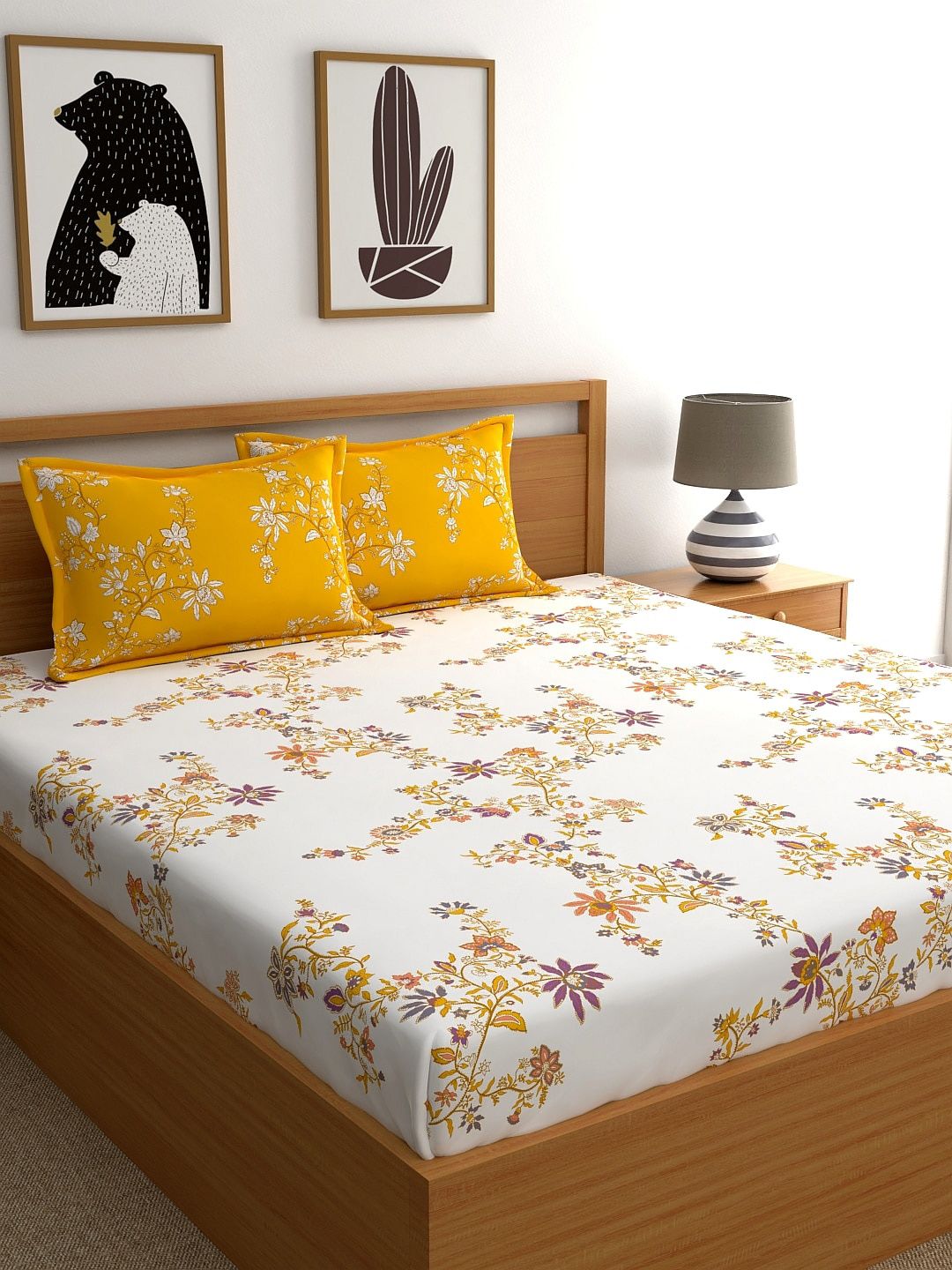 Home Ecstasy White & Yellow Floral 140 TC Cotton 1 Queen Bedsheet with 2 Pillow Covers Price in India