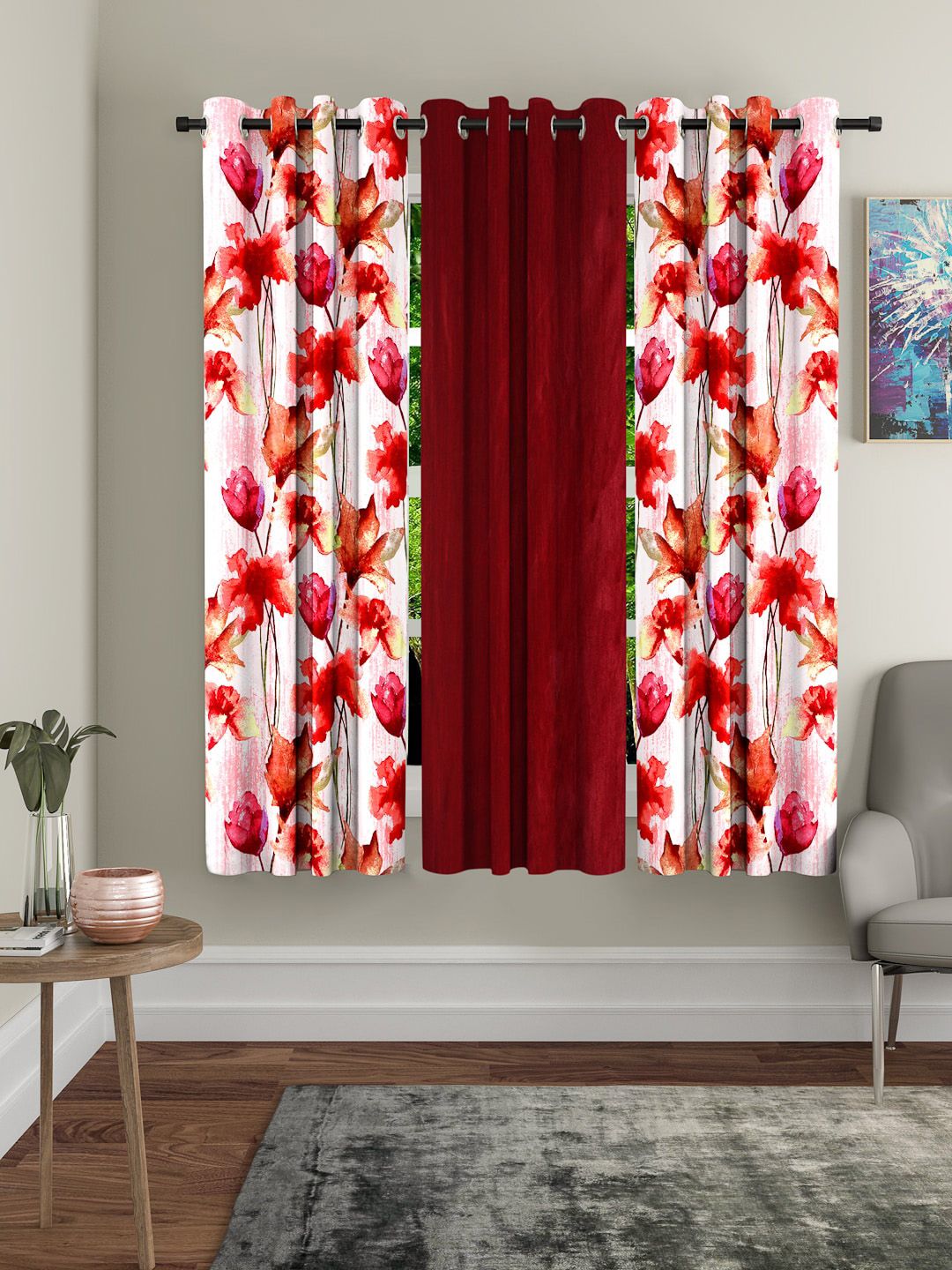 Home Sizzler Maroon & White Set of 3 Floral Printed Window Curtains Price in India