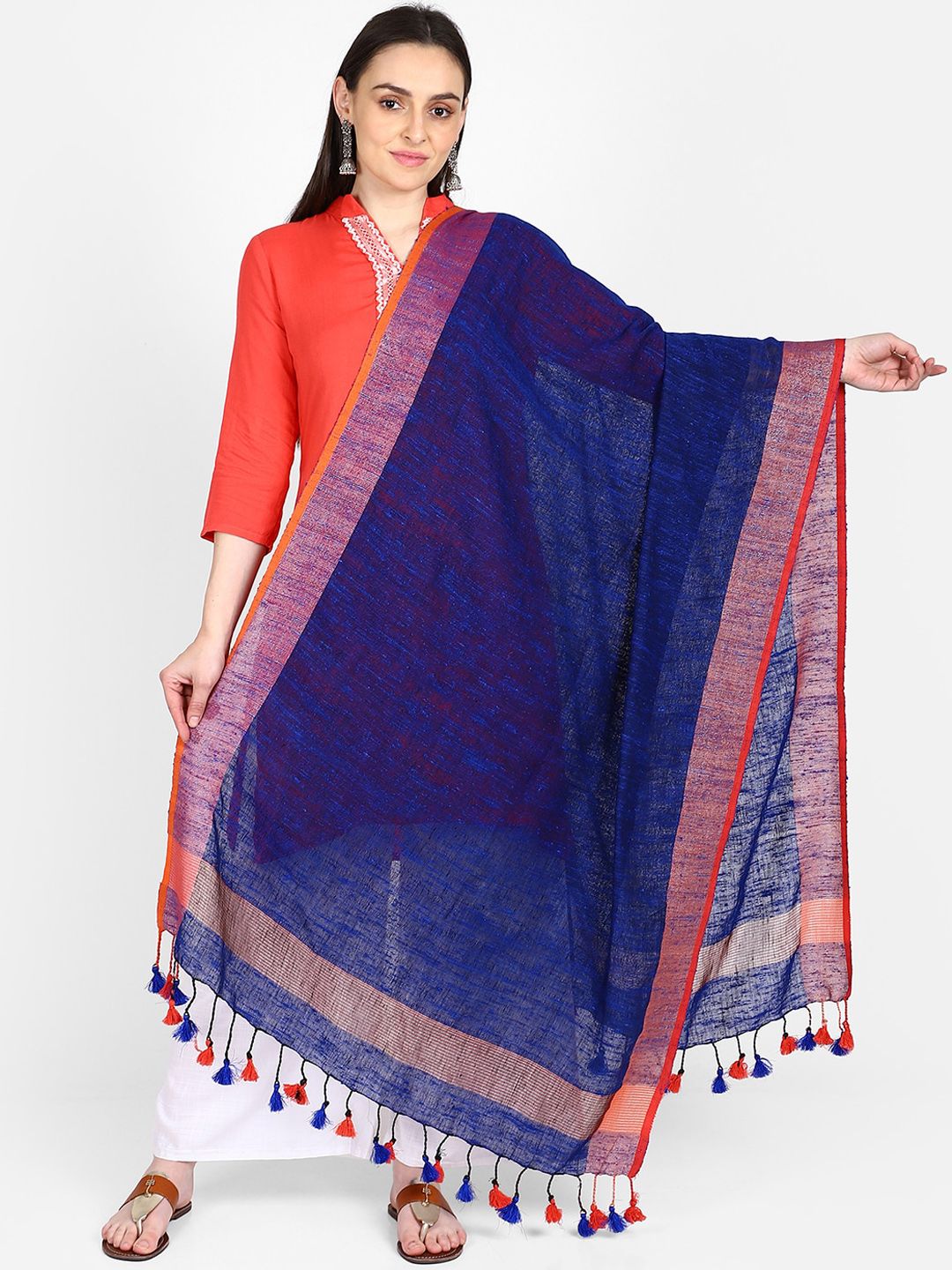 THE WEAVE TRAVELLER Blue & Orange Woven Design Dupatta Price in India