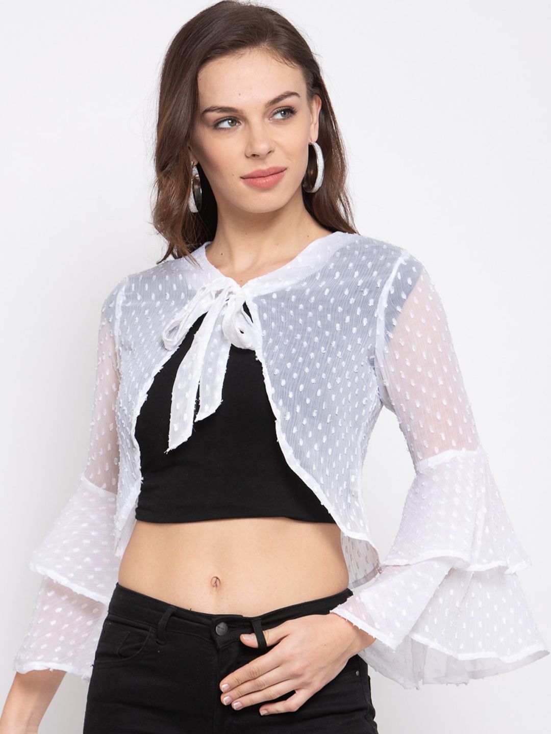 Style Quotient Women White Self Design Tie-Up Shrug Price in India