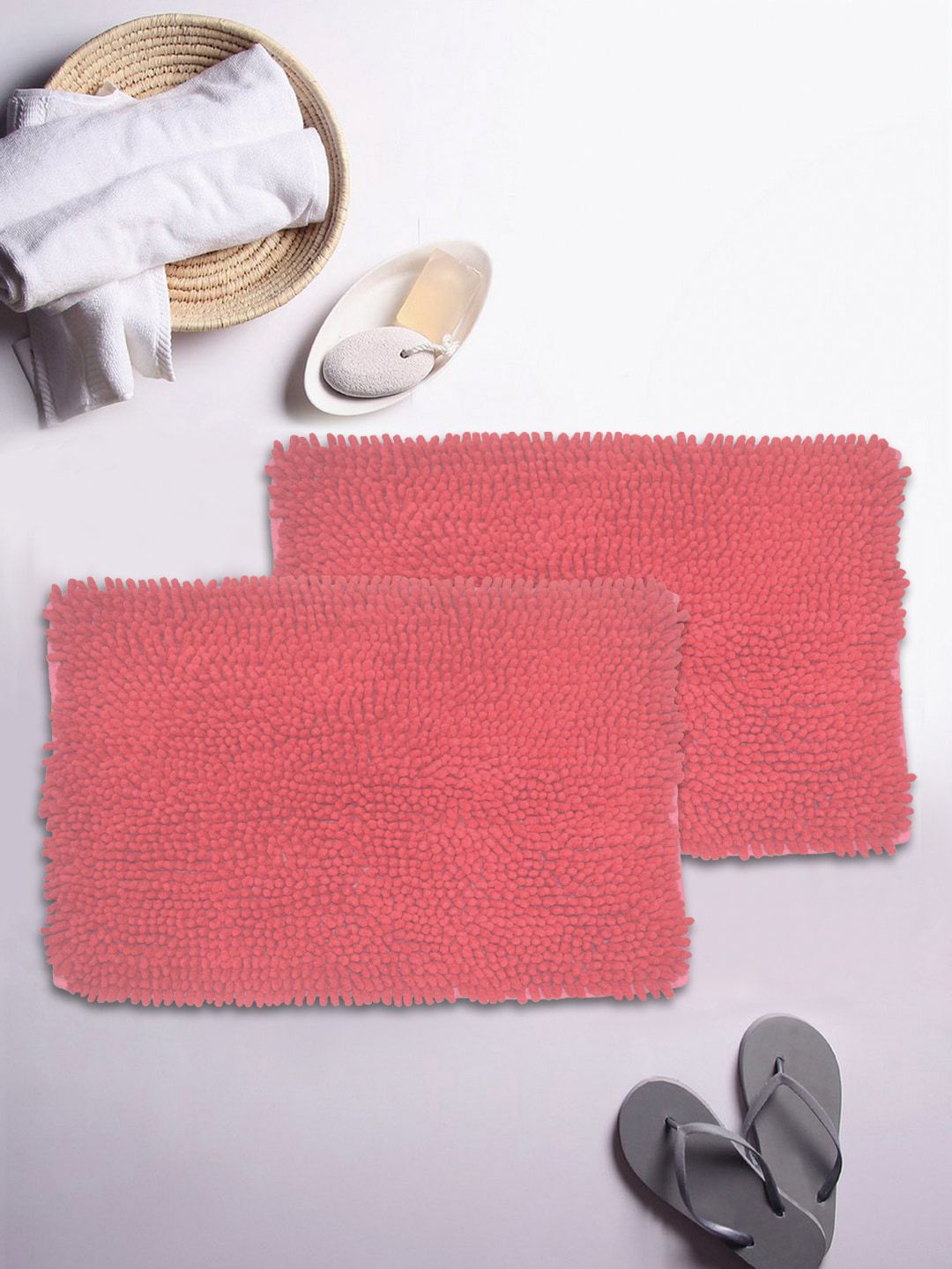 BIANCA Set Of 2 Coral-Coloured Mushroom Textured Shaggy Anti-Skid Bath Rugs Price in India