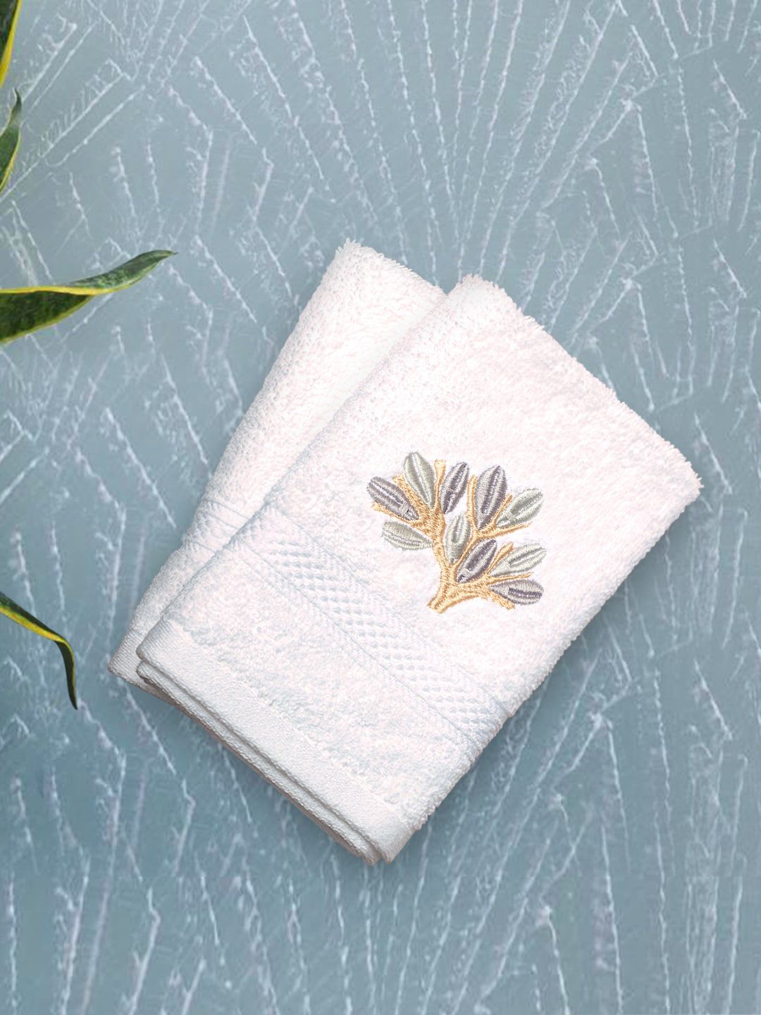 PETAL HOME Set Of 2 White & Grey Gondi Tree Embroidered 550 GSM Hand Towels Price in India