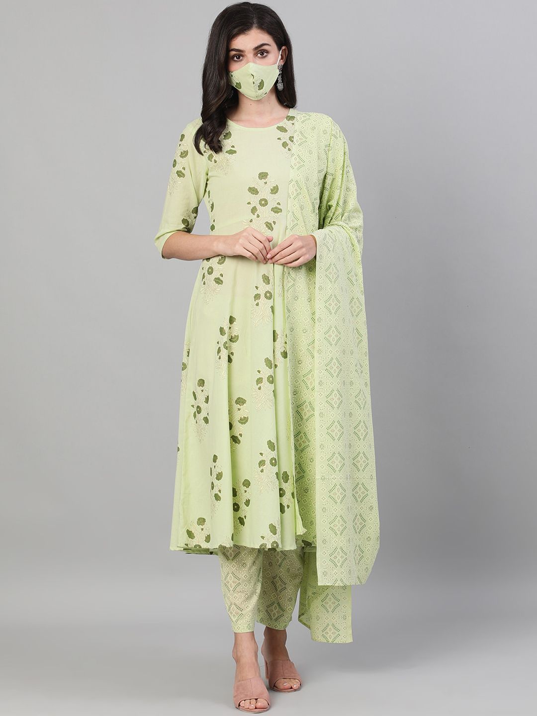 Nayo Women Green Printed Kurta with Palazzos & Dupatta