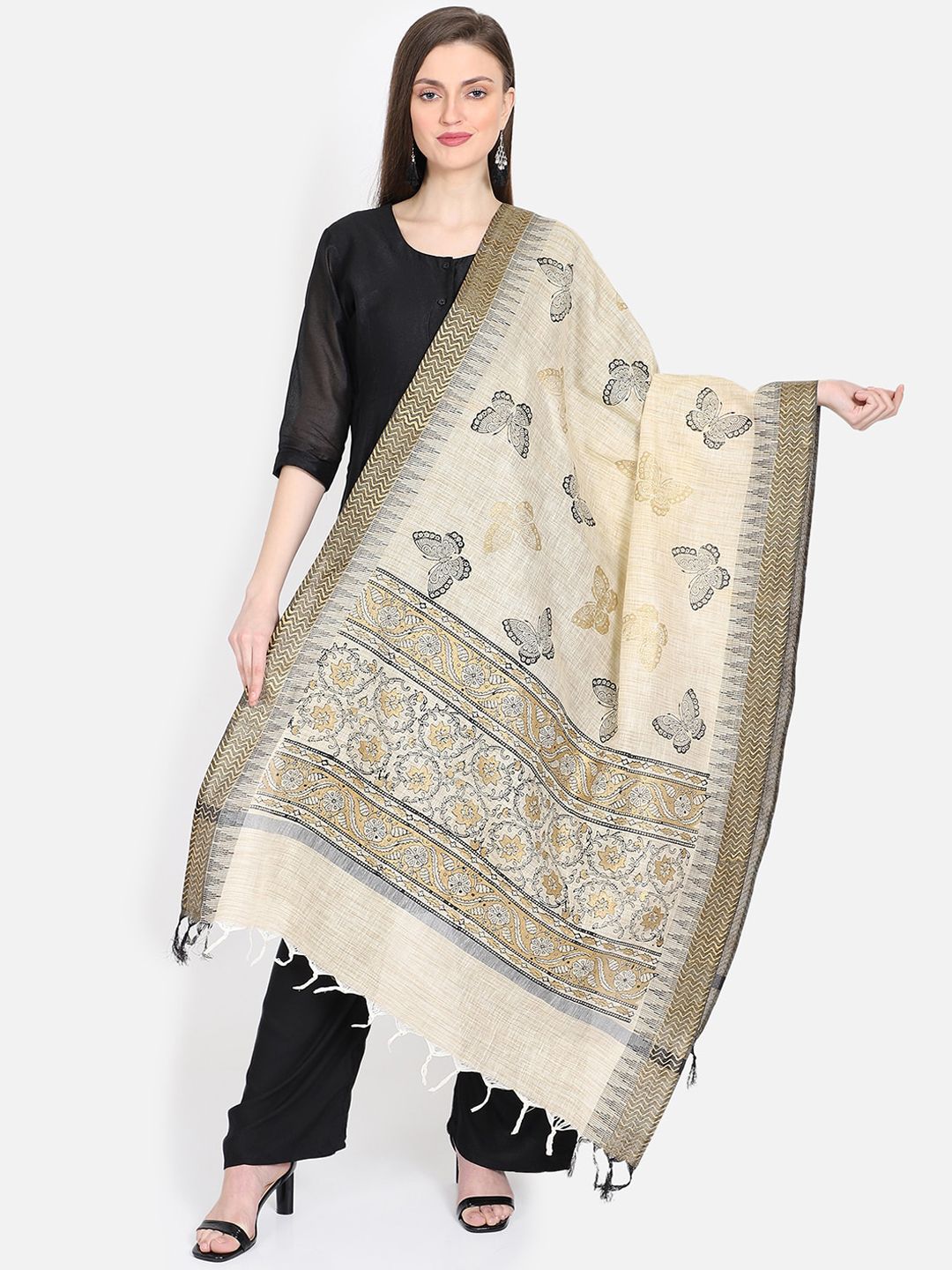 THE WEAVE TRAVELLER Beige & Gold-Toned Khari Printed Dupatta Price in India