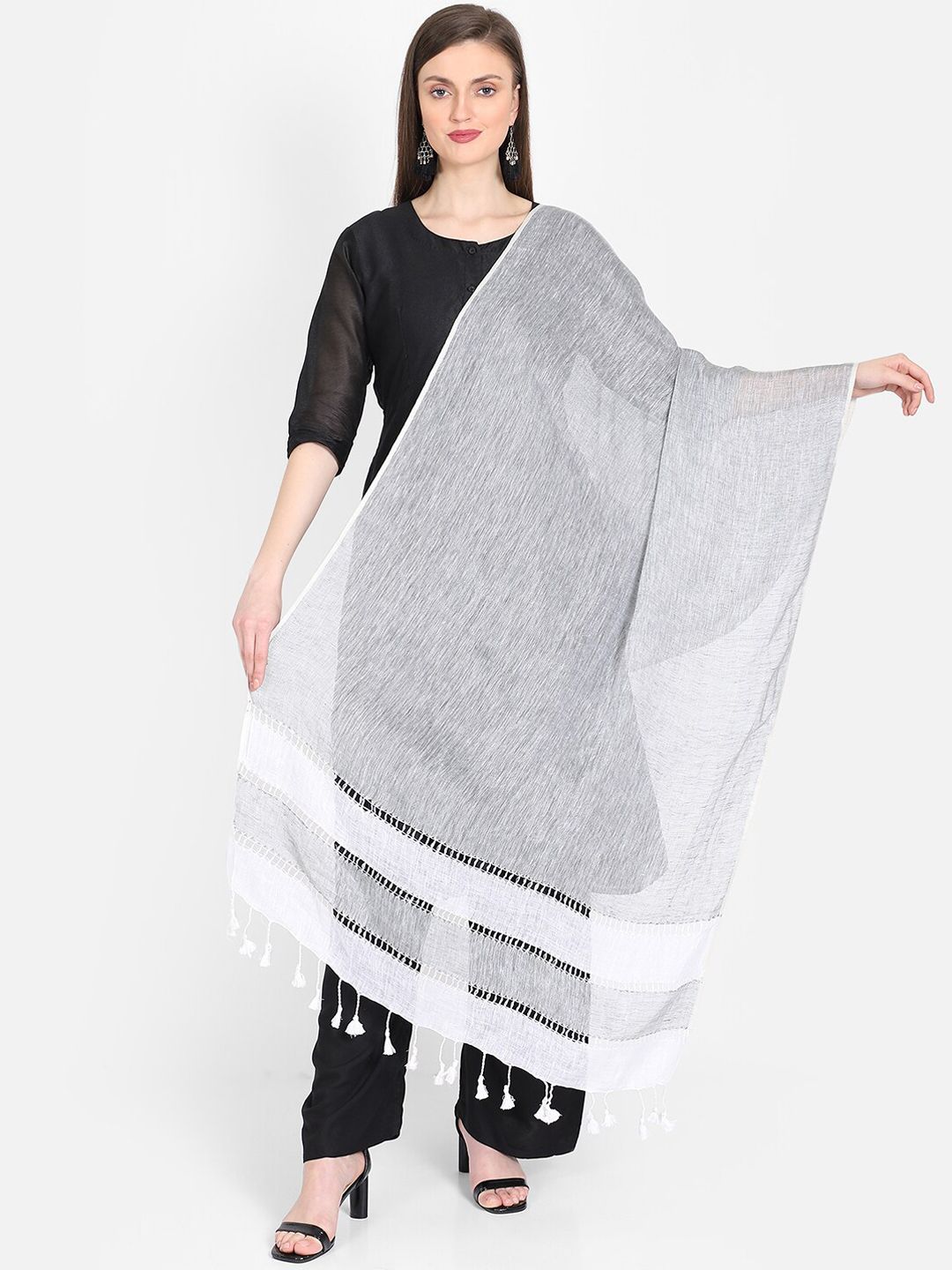 THE WEAVE TRAVELLER Grey & White Woven Design Dupatta Price in India