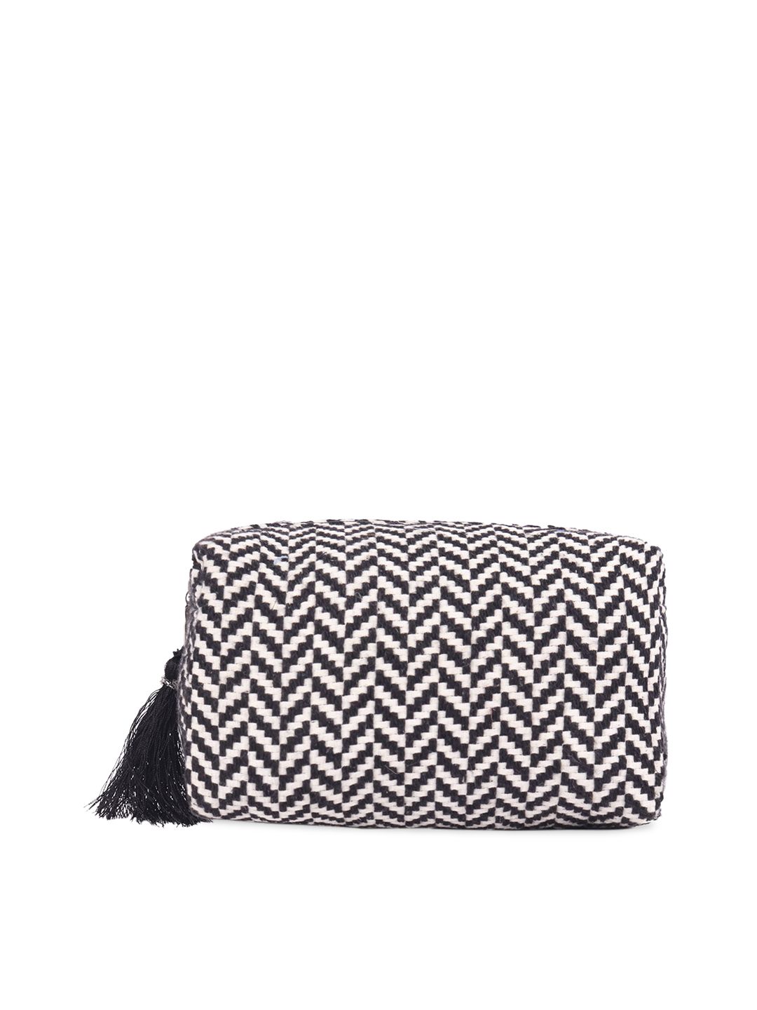 ASTRID Women Black & Grey Woven Design Makeup/Travel Pouch With Tassels Price in India