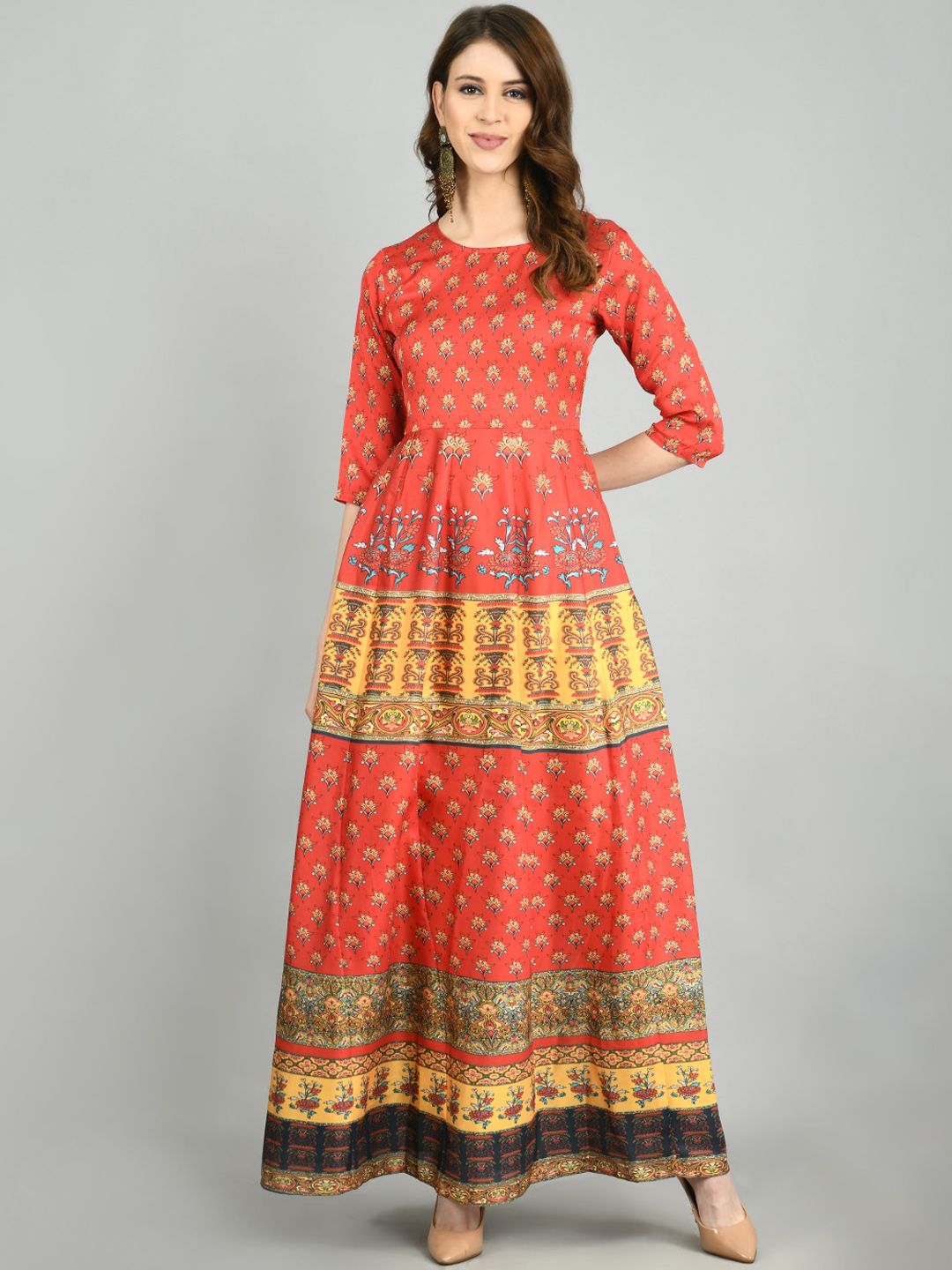 Myshka Women Orange Printed Ethnic Maxi Dress Price in India